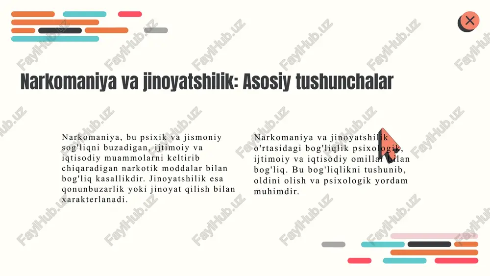 ro ta'sir kuchli. narkomaniya oid muammolar ularni oldini olish va davolash uchun keng ko'lamli ijtimoiy dasturlarni talab qiladi. bu muammolarni hal qilish uchun profilaktika, ta'lim va huquqni muhofaza qilish organlari hamkorligi muhimdir. narkomaniya va jinoyat: statistik ma'lumotlar o'zbekiston bo'yicha narkomaniya va jinoyat statistikasi. 2022-yilga ko'ra, jinoyatlarning 30% narkotik bilan bog'liq. narkotiklar bilan bog'liq jinoyatlar orasida noqonuniy ishlab chiqarish va savdo keng tarqalgan. bu muammo davlat chora-tadbirlarini talab qiladi. photo by mikhail fesenko on unsplash narkomaniya va jinoyat: oldini olish choralari narkomaniya va jinoyatni oldini olish uchun jamiyatda keng qamrovli strategiyalar amalga oshirilishi zarur. bunga ta'lim va axborot kampaniyalari, qattiq qonunlar va ularni bajarish, psixologik va ijtimoiy yordam dasturlari kiradi. o'zbekistonda bu boradagi chora-tadbirlar: profilaktika, jazolar va davolash muassasalari. bu chora-tadbirlar yoshlar orasida risklarni kamaytiradi va ijtimoiy barqarorlikni ta'minlaydi. photo by wajih ghali on unsplash narkomaniya: oldini olish usullari narkomaniya oldini olishda ta'lim va ma'rifat muhim rol o'ynaydi. o'zbekiston yoshlar va …