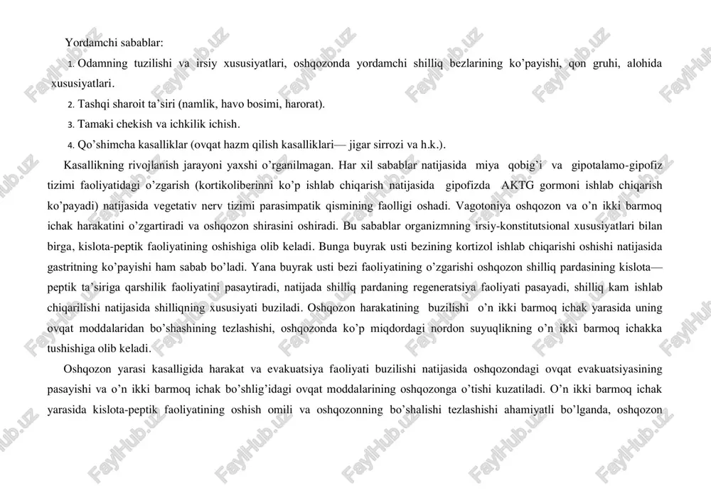 ining pasayishi bilan shilliq modda himoya faoliyatining pasayishi katta ahamiyatga ega. kasallik turlari. 1. klinik-morfologik belgilariga qarab: oshqozon yara kasalligiva o’n ikki barmoq ichak yara kasalligi. 2. yaraning joylashishiga qarab: me’daga kirish qismida, chiqishqismida, kichik egrilik sohasida, o’n ikki barmoq ichak sohasi va h.k. 3. kasallikning kechishiga qarab: qaytalanishi, pasayibqaytalanishi, pasayishi. 4. kasallikning og’ir-yengilligiga qarab: yengil kechadigan, surunkali (o’zgarmaydigan), kuchayib boradigan. 5. asoratlariga qarab: asoratli, asoratsiz. asoratlari. oshqozondan qon ketishi, penetratsiya, oshqozonning perforatsiyasi, o’smaga aylanishi, oshqozon va o’n ikki barmoq ichak stenozi. kasallik belgilari. asoratlanmagan yara kasalligining asosiy belgisi og’riqdir. ko’p bemorlarda me’da sohasidagi og’riq kuchli kechuvchi, sanchiqli bo’lsa, ba’zilarida kuchsiz va siquvchi og’riq bezovta qiladi. og’riq belgisining ifodalanganligi yaraning chuqurligiga, me’da harakat faoliyatining buzilish darajasiga, bemorning o’ziga xos sezuvchanligiga bog’liq. og’riq belgisining paydo bo’lishi mavsumiy bo’lib, ko’proq bahor va kuz oylarida kuzatiladi. bu davrda kasallik ko’proq qaytalanadi. og’riq xuruji paytida bemorlar majburiy holatni (qoringa yotib, oyoqlarni qorni tomonga bukib, …