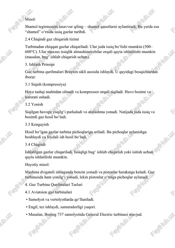 dullashtirish imkoniyati – kerakli quvvatga qarab tizimlar qo‘shish mumkin. kamchiliklari yuqori haroratli materiallar kerak – maxsus qotishmalar talab qiladi. 2. yoqilg‘i narxiga bog‘liq – tabiiy gaz yoki kerosin narxi oshsa, xarajat ham oshadi. 3. issiqlik chiqindilari – to‘g‘ri foydalanilmasa, ko‘p energiya yo‘qoladi. 4. sovutish tizimi zarur – harorat juda yuqori bo‘ladi, sovutish bo‘lmasa nosozlik paydo bo‘ladi. 6. amaliy qo‘llanilishi gaz turbina qurilmalari quyidagi sohalarda keng qo‘llaniladi: 6.1 elektr energetikasi • elektr stansiyalarda asosiy dvigatel sifatida ishlaydi. • mustaqil mini-elektrostansiyalar uchun qulay. • masalan, “navoi ies” va “talimarjon ies”da qo‘llaniladi. 6.2 aviatsiya • samolyotlar va vertolyotlarning yurituvchi dvigateli. • eng mashhur samolyot dvigatellari – cfm56, pratt & whitney, ge90. 6.3 transport va harbiy soha • harbiy tanklar (masalan, amerikaning m1 abrams tanki). • tez yurgan dengiz kemalari. • ba’zi zamonaviy poyezdlar. 6.4 gaz va neft sanoati • gaz quvurlarida kompressiya stansiyalarida. • uzoq masofalarga gaz uzatishda foydalaniladi. xulosa gaz turbina qurilmalari …