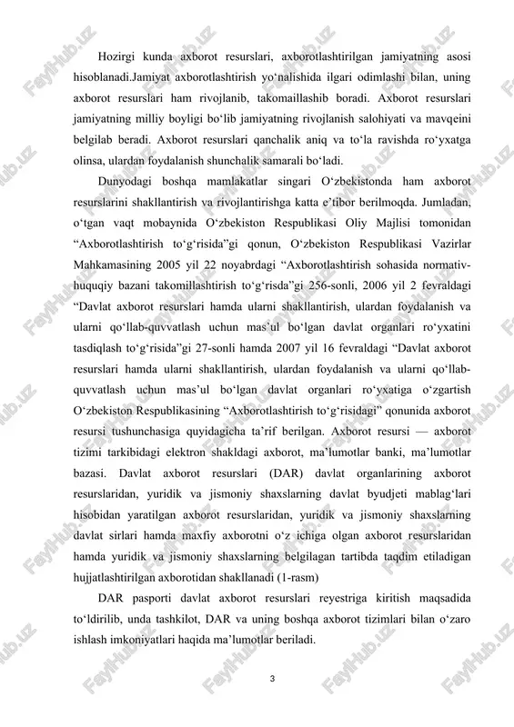 murojaatlar qayta ishlandi. shulardan 33 tasini darni ro‘yxatdan o‘tkazish bo‘yicha arizalar tashkil etadi, shundan 10 tasi dar va 9 tasi davlat organi axborot tizimi talablariga javob beradi. ular bo‘yicha o‘rnatilgan tartibda darni ro‘yhatga olinganligi to‘g‘risida guvohnomalar tayyorlanib, murojaat etuvchilarga taqdim etildi. dar reyestrini tashkil etishdan maqsad: • mavjud tizim va resurslar bo‘yicha dolzarb va haqqoniy ma’lumotlarni olish; • aholi va tashkilotlarni darda mavjud bo‘lgan ma’lumotlar va ulardan foydalanish tartibi bo‘yicha xabardor qilish; • axborot tizimlari hamda darni ishlab chiquvchilarga mavjud ma’lumotlar va boshqa dar bilan ma’lumotalarni o‘zaro almashishni tashkil etish, ularning integrallashuvi imkoniyatlari haqida ma’lumotlarni taqdim etish. ro‘yhatga olingan davlat axborot resurslari va tizimlari to‘g‘risidagi ma’lumotlarni tartibga solish maqsadida, «davlat axborot resurslarini qayd etish va ro‘yhatga olishni yagona tizimi» ([url=http://www.reestr.uz]www.reestr.uz[/url]) yaratildi. tizim internet tarmog‘ida faoliyat ko‘rsatadi va mavjud axborot resurslari bilan tanishish hamda yangi resurslarni joylashtirish imkoniyatiga ega. davlat organlarining axborot tizimlari va resurslarini qayd qilish va ro‘yhatga olishni tartibga …