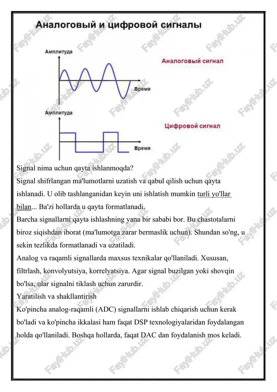 foydalanish mos keladi. raqamli usullardan keyingi foydalanish bilan jismoniy analog kodlarni yaratishda ular maxsus qurilmalardan uzatiladigan olingan ma'lumotlarga tayanadi. dinamik diapazon bu desibellarda ifodalangan yuqori va past ovoz balandligi o'rtasidagi farq sifatida hisoblanadi. bu butunlay parcha va ishlash xususiyatlariga bog'liq. bu nima haqida musiqa treklari va odamlar o'rtasidagi oddiy dialoglar haqida. agar, masalan, yangiliklarni o'qiyotgan diktorni oladigan bo'lsak, uning dinamik diapazoni 25-30 db atrofida o'zgarib turadi. va bir parcha o'qiyotganda, u 50 db gacha o'sishi mumkin. analog signal analog signal ma'lumotlarni uzatishning vaqt bo'yicha uzluksiz usulidir. uning kamchiligi shovqinning mavjudligi bo'lib, ba'zida ma'lumotlarning to'liq yo'qolishiga olib keladi. ko'pincha shunday vaziyatlar paydo bo'ladiki, muhim ma'lumotlar kodning qayerda ekanligini va odatiy buzilishlar qaerda ekanligini aniqlash mumkin emas. aynan shuning uchun raqamli signalni qayta ishlash katta mashhurlikka erishdi va asta-sekin analogni almashtirmoqda. raqamli signal raqamli signal maxsus bo'lib, u diskret funktsiyalar orqali tavsiflanadi. uning amplitudasi allaqachon o'rnatilgan qiymatlardan ma'lum bir qiymatga ega bo'lishi …