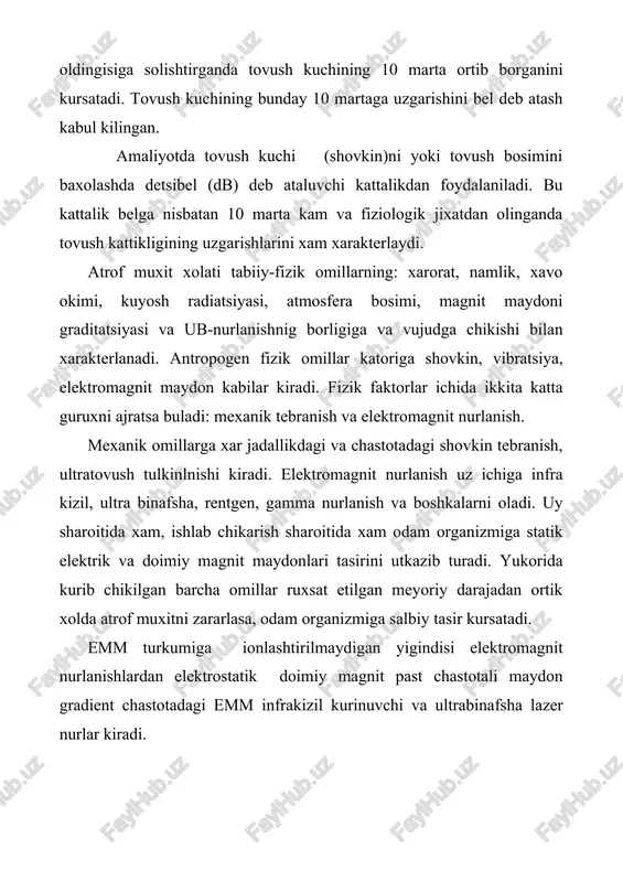 rgalikdagi tasiri energiya okimi zichligi va energetik kursatkich bilan ifodalanadi. emm kursatkichlariga tulkin uzunligi, tebranishlar soni ifodalovchi birliklar xam kiradi. axoli yashash punktlarida emm chastotasi buyicha kuyidagi turlarga bulinadi: 1. sanoat chastotasidagi emm (50-1000 gts tebranishlar soniga ega) manbalari yukori kuchlanishda uzatish yullari, ochik elektr taksimlovchi moslamalar, transformatorlar. 2. radiochastotadagi emm ular uz chastotasini turlicha bulishiga karab kuyidagi turlarga bulinadi: -yukori chastotali axolii yashash punktlarida elektr magnit maydonlari (emm) ga kuyidagilar kiradi: uyali telfonlar kompyuterlar, maishiy asbob-uskunalar, elektr utkazgichlar, elektr transportlar, (tramvay, trolleybus, metropolitenlar), a’lokalar, teleradio markazlar va boshkalar kiradi. axolii salomatligi uchun gigienik nuktai nazardan ayniksa yukori kuchlanishli elektr utkazuvchi liniyalar muxim xisoblanadi. masalan ushbu liniyalar atrofida xosil buladigan emmlar ta’siri natijasida arilarda dargazablikning (agressivlikning) yukori bulishi tokadsizlanish xolatlari ish kobilyatini pasayishi aniklangan, xamda uz kanotlaridan ayrilishi xam mumkinligi aniklangan. boshka uchib yuruvchi xashoratlar: chivinlar, kungizlar, kapalaklar va boshkalarda uzi tuta bilishlardagi uzgarishlar xamda emm kuchlanishi past darajada bulgan …