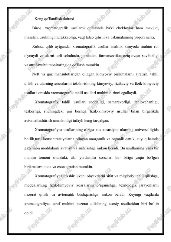 jratish usullari sorbsiya jarayonlariga asoslangan. bu yerda sorbsiya deganda gaz, bug‘ yoki erigan moddalarning qattiq yoki suyuq yutuvchilarga (sorbentlar) yutilishi tushuniladi. teskari jarayon desorbsiya deyiladi. sorbsiya tushunchasi umumiy bo‘lib, u adsorbsiya (fazaning sirtiga yutilish) va absorbsiya (fazaiing hajmiga yutilish) dan iborat. sorbsiyani ikki yul bilan: statik va dinamik sharoitda amalga oshirish mumkin. statik sorbsiya ikkala fazaning nisbiy xarakatsiz xolatida ruy beruvchi sorbsion jarayon bo‘lib, moddaning fazalar orasida taqsimlanish muvozanati qaror topishi bilan yakunlanadi. dinamik sorbsiya harakatchan faza xarakatsiz fazaga nisbatan bir yunalishda siljiydigan sorbsion jarayondir. moddalar aralashmasini xromatografik ajratish usuli dinamik sorbsiya jarayoniga asoslangan. barcha xromatografik usullarning mohiyati shundaki, tarkibiy qismlarga ajratiladigan modda harakatchan faza (suyuq yoki gazsimon) bilan birgalikda xarakatsiz sorbent (xarakatsiz faza) qatlami orqali utadi, yutilishi turlicha bo‘lgani uchun sorbent orqali turlicha tezlikda o‘tadi. aralashmalarni ajratishning ba’zi turlaridan farqli ravishda xromatografik usullarning uziga xos xususiyati sorbsiya va desorbsiya jarayonlarning sorbentning yangi qatlamlarida ko‘p marta takrorlanishidadir. bu esa ajratishning …