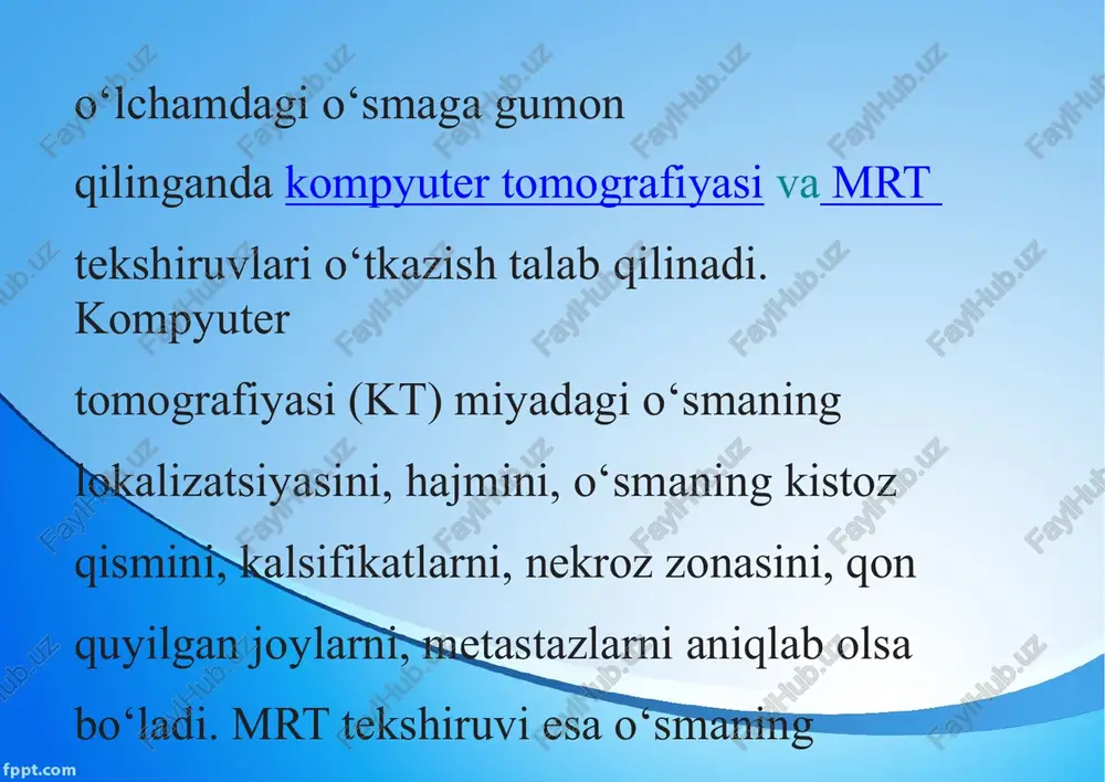 dalardan saqlanish, kasallikni o‘z vaqtida aniqlash va boshqa organlardagi o‘sma kasalliklarini radikal davo choralarini o‘tkazish kiradi. o‘sma kasalligining qaytalanishini oldini olish uchun esa bosh miya jarohatlari va biologik stimullovchi vositalarni iste’mol qilishdan saqlanish kerak bo‘ladi. image2.jpg image3.jpg image1.jpeg oo ©6s@x. oc sc@se: oc cg4282e oc: @o6ee .