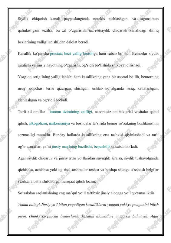 insiy a’zolar atrofida og‘riq, pufakchalar, yara, so‘gal paydo bo‘lsa, toshmalar toshsa, jinsiy yaqinlik paytida qorinning pastida og‘riq sezilsa, albatta shifokor tekshiruvidan o‘tish shart! bo’lajak onalarda vitaminlar yetishmasligi holatini yengish uchun eng ko’p ishlatiladigan vitamin komplekslaridan biri alfavit mamino zdorovyedir. alfavit mamino zdorovye bu – 500 mg dan, bir qadoqda 60 dona vitamin va mineral kompleksli tabletkalar. tabletkalar tarkibi: yod, foliy kislotasi, d-pantenol (b5 vitamini), b1 vitamini, b12 vitamini, b2 vitamini, b6 vitamini, s vitamini, pp vitamini, a vitamini (palmitat shaklida), temir, kalsiy, magniy, mis, xoletsalsiferol (d3 vitamini) ), xrom, rux, biotin, e vitamini, marganets, k vitamini, l-taurin, molibden ushbu maqolani ham o‘qing: suvaraklarning salomatlik uchun xavfli jihatlari va ularni yo‘qotish usullari preparatning narxini ushbu bo’limda ko’rsa bo’ladi — https://apteka.uz/offer/alfavit-mamino-zdorove-vitaminno-mineralnyy-kompleks-tabletki-500-mg-n60 homilador ayollarda qo’llaniladigan boshqa vitaminlar: elevit, komplivit, foliy kislotasi, vitarich va hk. kasallik alomatlari, odatda, s. yuqqanidan soʻng oradan 3—5 kun oʻtgach paydo boʻladi. s. bilan kasallangan erkaklarda siydik chiqarish kanalining …