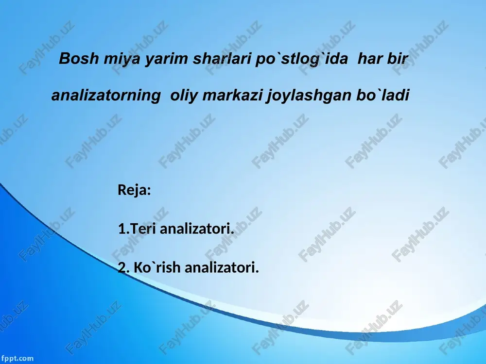 rli miqdorda tarqalgan bo’lib, ba’zilari epidermisda haqiqiy terining so’rg’ichsimon qismida va pardalarda tugaydi. terida taxminan 500 000ta tuyg’u reseptori bo’lib, ular o’rta hisobda 1 sm2 da 25 tadan joylashgan, qo’l barmog’ining uchlarida zichroq bo’ladi. terining turli qismlaridagi issiqni sezuvchi reseptorlar soni ham 30 000 taga etadi, taxminan 1 sm2 da 3ta, sovuqni sezadigan reseptorlar 250 000taga yaqin bo’lib, 1 sm 2 da 12-13ta bo’ladi. terida og’riqni sezuvchi reseptorlar o’rta hisobda har 1 sm2 da 130ta bo’ladi. terining sezish xususiyati organizm nerv sistemasining holatiga, ta’sir kuchiga qarab o’zgaradi. terida melanin pigmenti bo’lib, u teriga rang beradi. bu pigment quyosh nuri ta’sirida d vitamin ishtirokida ko’payadi. teri osti yog’ kletchatkasi (teba subsutanea) bevosita teri ostida joylashgan bo’lib, ayollarda qalin, erkaklarda yupqaroq. shuning uchun ayollarning tashqi ko’rinishi silliqroq bo’ladi. erkaklarda esa qon tomirlar, muskul do’ngliklari bilinib turadi. ko`rish analizatori to`r parda ko`zning butun bo`shlig`ini qoplab turadi, to`r pardaning retseptorlari bo`lib 130 mln. tayoqcha …