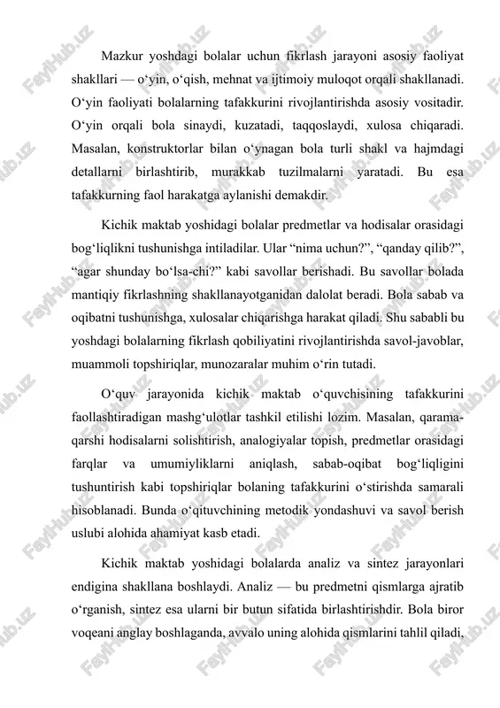 da vosita vazifasini bajaradi. ayniqsa, zamonaviy texnologiyalar vositasida ta’lim berish bola tafakkurining rivojlanishiga yangi imkoniyatlar ochib beradi. multimedia vositalari orqali vizual va eshitish orqali idrok qilishga asoslangan materiallar bolaning tahlil qilish, solishtirish, umumlashtirish qobiliyatlarini oshiradi. tafakkur rivojlanishining yana bir muhim yo‘li — ijodkorlikni rag‘batlantirishdir. kichik maktab yoshidagi bolalar fantaziyaga boy, turli g‘oyalarni ilgari surishga qodir. agar bu g‘oyalar to‘g‘ri yo‘naltirilsa, ularning fikrlash doirasi kengayadi, erkin tafakkur qilishga o‘rgatiladi. hikoya yozish, rasmlar asosida kompozitsiyalar tuzish, rolli o‘yinlar o‘ynash kabilar bolaning mustaqil fikrlashini kuchaytiradi. bolalarning tafakkurini o‘stirishda ota-onaning o‘rni ham muhim. uyda bolaning savollariga e’tiborli bo‘lish, uni tinglash, fikrini qadrlash, turli muammolarni birgalikda muhokama qilish, kitob o‘qishga rag‘batlantirish bolaning tafakkurini yanada boyitadi. ta’lim muassasalarida esa bolalarning individualligiga e’tibor qaratilishi, har bir bolaning fikrlash darajasiga mos topshiriqlar berilishi lozim. psixologik nuqtayi nazardan qaraganda, tafakkur rivojlanishida bolaning hissiy holati ham katta rol o‘ynaydi. qo‘rqinch, noaniqlik, tanbeh, tazyiq bolaning fikrini to‘sib qo‘yishi mumkin. shuning uchun …