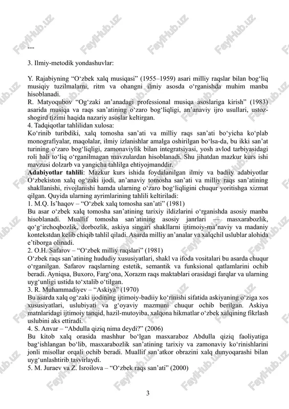 ktablari, uslubiy tafovutlar hamda yosh avlodning raqsga bo‘lgan qiziqishlarini o‘rganadi. --- 3. ilmiy-metodik yondashuvlar: y. rajabiyning “o‘zbek xalq musiqasi” (1955–1959) asari milliy raqslar bilan bog‘liq musiqiy tuzilmalarni, ritm va ohangni ilmiy asosda o‘rganishda muhim manba hisoblanadi. r. matyoqubov “og‘zaki an’anadagi professional musiqa asoslariga kirish” (1983) asarida musiqa va raqs san’atining o‘zaro bog‘liqligi, an’anaviy ijro usullari, ustoz-shogird tizimi haqida nazariy asoslar keltirgan. 4. tadqiqotlar tahlilidan xulosa: ko‘rinib turibdiki, xalq tomosha san’ati va milliy raqs san’ati bo‘yicha ko‘plab monografiyalar, maqolalar, ilmiy izlanishlar amalga oshirilgan bo‘lsa-da, bu ikki san’at turining o‘zaro bog‘liqligi, zamonaviylik bilan integratsiyasi, yosh avlod tarbiyasidagi roli hali to‘liq o‘rganilmagan mavzulardan hisoblanadi. shu jihatdan mazkur kurs ishi mavzusi dolzarb va yangicha tahlilga ehtiyojmanddir. adabiyotlar tahlili: mazkur kurs ishida foydalanilgan ilmiy va badiiy adabiyotlar o‘zbekiston xalq og‘zaki ijodi, an’anaviy tomosha san’ati va milliy raqs san’atining shakllanishi, rivojlanishi hamda ularning o‘zaro bog‘liqligini chuqur yoritishga xizmat qilgan. quyida ularning ayrimlarining tahlili keltiriladi: 1. m.q. …