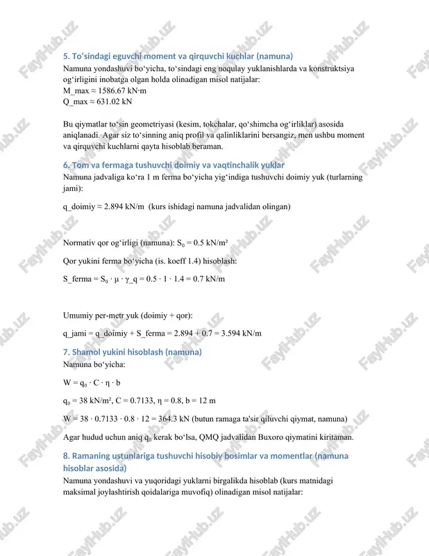 iyentlari (jadval 2, 3 va boshq.) bilan topilgan. 9. yuklarning birgalikda ta'siri va hisobiy kuchlar yuqoridagi barcha yuklarning (doimiy, qor, shamol, kran) birgalikda ta'siri natijasida charakterli kesimlarda hosil bo'ladigan hisobiy kuchlar jadvali (namuna asosida) quyidagicha berilgan: misol yakuniy natijalar (kurs matni misoli bo‘yicha): ustunning xarakterli kesimlaridagi yakuniy n va m qiymatlari (keltirilgan jadvalga mos): - i-i: n ≈ 1104.08 kn ; m ≈ 255.6 kn·m - ii-ii: n ≈ -331.14 kn ; m ≈ -331.14 kn·m - iii-iii: n ≈ -306.06 kn ; m ≈ -255.95 kn·m - iv-iv: n ≈ -579.68 kn ; m ≈ -320.59 kn·m e'tibor: bu jadval kurs ishidagi 13-jadvaldan olinib namunaviy misol sifatida keltirilgan. aniq loyiha uchun barcha yuk kombinatsiyalarini (standart kombinatsiyalar) hisoblash orqali yakuniy jadval olinadi. 10. fermaning elementlarida hosil bo'ladigan kuchlar (maksvell–kremona usuli) fermaning elementlaridagi cho‘zilish/siqilish kuchlarini maksvell–kremona diagrammasi yordamida topish kerak. kurs ishidagi namunaviy hisoblar bo‘yicha elementlarda hosil bo‘lgan yig‘ma hisobiy kuchlar …