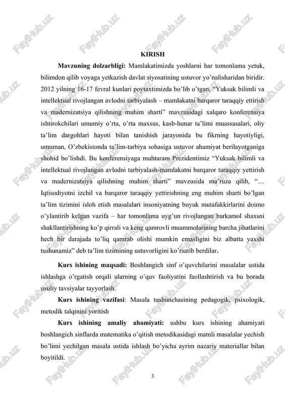 biliyatlarini rezervlardan foydalanish imkonini beradi. masalalar yechish orqali óquvchilarda ushbu malakalar tarkib topmoği lozim. 1.masalani tinglashni órgatish va uni mustaqil óqiy olish. masalalar ustida ishlash uning mazmunini ózlashtirishdan boshlanadi. 2.masalani dastlabki analiz, qilish. ma’lumni noma’lumdan, muhimi nomuhimdan ajratish. masalada berilganlar bilan izlanayotganlar orasidagi boğlanishni ochish bu eng muhim masalalardan biri bunday malakaga ega bólmay turib, masalalarni mustaqil yechishga órganib bólmaydi. 3.masalani qisqa yozish malakasi. masala teksti ustida oğzaki ishlagandan keyin uning mazmunini matematik terminlar tiliga ótkazish va qisqa yozuv shaklidagi matematik strukturasini (qisqacha shaklini) belgilash kerak. s’huni nazarda tutish kerakki, barcha hollarda ham qisqa yozuvni bajarish bilan bir vaqtda masala shartining analizi ham amalga oshiriladi. 4. sodda masalalar yechishda amal tanlashni asoslab berish, sóngra yechish planini tuzish malakasi. 5. uechimni bajarish, uni óqituvchi talabiga mos qilib rasmiylashtirish va masala savoliga javob berish malakasi. sodda masalani arifmetik usulda yechishda ifoda tuziladi va uning qiymati topiladi. masalan. murodda 4 ta sa’va bor. …