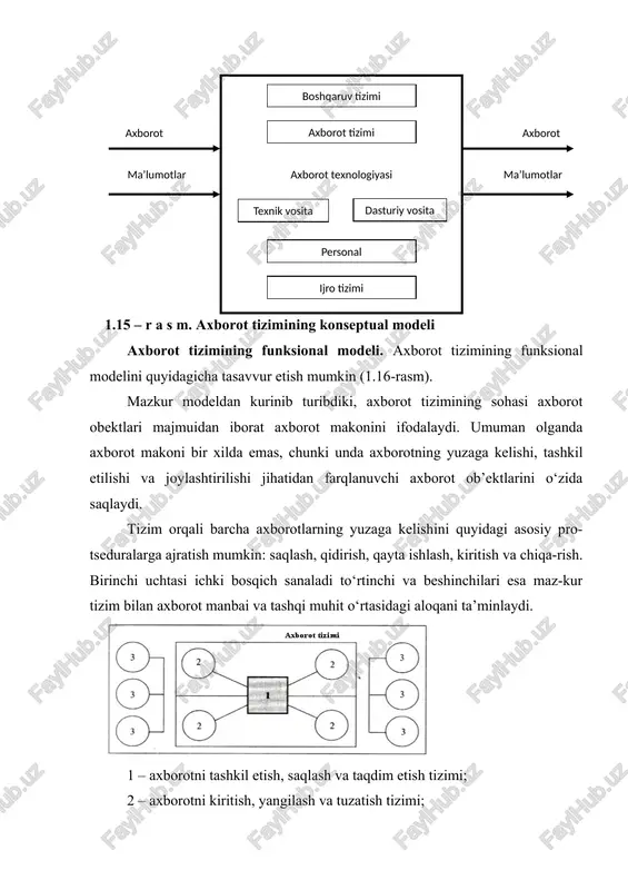 qi manbaga rasmiy tizim orqali kirib boriladi. bu tizim axborotni raqam va matnli ma’lumot (statistik hisobotlar, kitob, jurnal, xabar va hokazo) ko‘rinishida taqdim etadi. ichki manbaga murojaat qilish axborot texnologiyalari komponentlari – kompyuterlar, tizimli va amaliy dasturiy ta’minot hamda zarur hollarda kommunikatsiya vositalari yordamida amalga oshiriladi. ichki manbalar norasmiy tizim vositasida ma’lumotlar bazasidan so‘rovga javob tariqasida foydalanuvchini axborot bilan ta’minlaydi. foydalanuvchi rasmiy va norasmiy tizimga suyanib ijtimoiy faoliyat, korxona va tashkilot ishini tavsiflovchi axborotni oladi. an’anaviy axborot texnologiyasi rivojlanishi ikki an’anaviy segment ma’lumot va matndan tashqari, yana qo‘shimcha ikkita segment-tasvir va nutqni qayta ishlashni ta’minlaydi. axborot muhiti axborotni qayta ishlash, qabul qilish, o‘tkazish va qidirish qobiliyatiga ko‘ra qismlarga bo‘linadi. o‘z navbatida, qayta ishlash qobiliyati insonning axborotni qabul qilish imkoniyatiga ko‘ra aniqlanadi. ayrim hollarda axborot shakl, hajm va hokazo belgilar bo‘yicha tarkiblashtirishni talab qiladi. qayd etish lozimki, foydalanuvchi axborot manbaiga muhtoj bo‘ladi. chunki u axborotni uyg‘unlashtirishga qancha ko‘p vaqt va kuch …