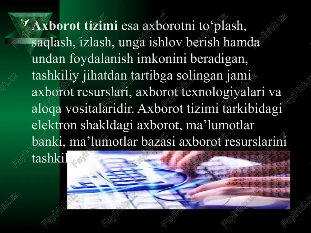 d quyi tizimlar; - davlat organi to‘g‘risida internet yoki boshqa kanallar orqali axborot yetkazish, jismoniy va yuridik shaxslar o‘rtasidagi o‘zaro aloqani ta’minlaydigan quyi tizimlar; - axborot xavfsizligini ta’minlaydigan quyi tizimlar; - hujjat tayyorlash va axborot almashish maqsadida davlat organi xodimlari tomonidan foydalaniladigan idoraviy quyi tizimlar texnologiya so'zi grekchadan tarjima qilinganda san'at, ustalik, malaka ma'nosini anglatadi. texnikada texnologiya deganda ma'lum kerakli material mahsulotni hosil qilish uchun usullar, metodlar va vositalar yig'indisidan foydalanadigan jarayon tushuniladi. texnologiya ob'ektining dastlabki, boshlang'ich holatini o'zgartirib, yangi, oldindan belgilangan talabga javob beradigan holatga keltiradi axborot texnologiyasi - bu axboriy ma'lumotni bir ko'rinishdan ikkinchi, sifat jihatidan yangi ko'rinishga keltirish, axborotni yig'ish, qayta ishlash va uzatishning usul va vositalari majmuasidan foydalanish jarayonidir. moddiy ishlab chiqarishda turli maxsus jihozlar, stanoklar, uskunalar va boshqalar ishlatiladi. axborot texnologiyalari uchun ham o'zining "uskunalari", vositalari mavjud. bular kseroks, telefaks, faks, skaner va boshka vositalardir. bu vositalar orkali axborotga ishlov berilib, o'zgartiriladi. hozirgi paytda axborotga …