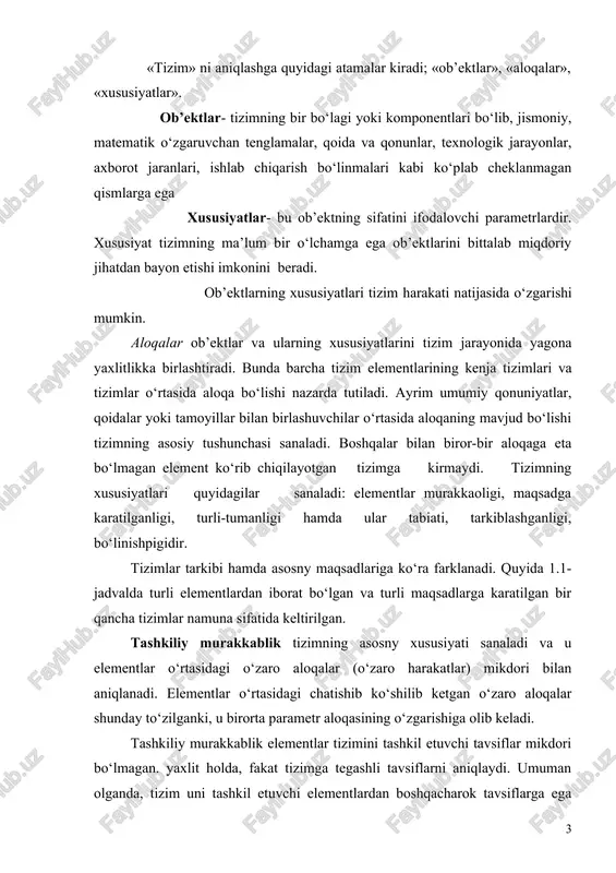 ablik elementlar tizimini tashkil etuvchi tavsiflar mikdori bo‘lmagan. yaxlit holda, fakat tizimga tegashli tavsiflarni aniqlaydi. umuman olganda, tizim uni tashkil etuvchi elementlardan boshqacharok tavsiflarga ega bo‘libgina kolmay, balki uning barcha kismlaridan sifat jixatidan farklanadi. shuningdek elementlar ega bo‘lmagan boshqa vazifalarni ham bajarish xususnyatiga ega. tizim butunligining o‘ziga xosligi bilan aniqlanadigan yangi xususnyatlarning paydo bo‘lishi ba’zan emerjentlik (inglizcha «emergent» - yuzaga keluvchi, paydo bo‘luvchi) deb ataladi. tizimlarni kismlarga, ayniksa o‘zi tarkib topadigan elementlarga bo‘lganda bo‘nday vazifalar yoki tavsiflar o‘z-o‘zidan yo‘q bo‘ladi. maqsadga karatilganlik. tizim umumiy xususiyatga ega, ya’ni u umumiy maqsadga erishishga harakat qilishga karatilgan. tizimning maqsadga yo‘naltirganligini ifodalovchi barcha elementlar uchun umumiy bo‘lgan o‘zaro aloqalarning maqsadli qoidalari maqsadning mavjudligini belgilaydi. tizimning tarknblashganligi — bu tizimning aloxida elementlari va ularning tashki muxit bilan o‘zaro harakati o‘rtasidagi ichki aloqalarning doimiy tarkibidir. tizim tarkibi uning faoliyati samaradorligini ko‘p jixatdan belpglovchi muxim tavsiflardan biri sanaladi. tizimning bo‘linishi - by uning maksadlar va vazifalarga javob …