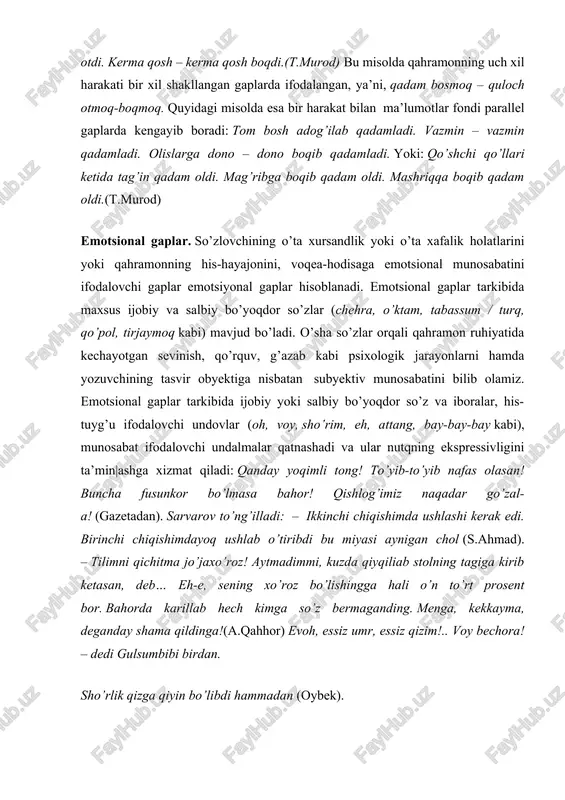 day shama qildinga!(a.qahhor) evoh, essiz umr, essiz qizim!.. voy bechora! – dedi gulsumbibi birdan. sho’rlik qizga qiyin bo’libdi hammadan (oybek). ritorik so’roq gaplar ham badiiy matnning emotsional-ekspressivligini ta’miniovchi uslubiy vositalardan hisoblanadi. tasdiq va inkor mazmuniga ega bo’lgan, tinglovchidan javob talab qilmaydigan gaplar ritorik so’roq gap deyiladi. ko’pincha ritorik so’roq gaplar tarkibida nahotki, axir kabi ta’kidni kuchaytiruvchi so’zlar keladi. ular nutqqa ko’tarinki ruh bag’ishlaydi va tasdiqning kuchli emotsiya bilan ta’kidlanishi uchun xizmat qiladi. bunday gap shakllari qahramonning hayratlanishini, quvonchini, ajablanishini, shubha va gumonsirashini, g’azab va nafratini ifodalashda juda qo’l keladi. ichki va tashqi nutqda, monologik va dialogik nutqlarda keng qo’llaniladi. ardoqli shoir abdulla oripovning «olamonga» deb atalgan quyidagi she’ri ritorik so’roqning go’zal namunasi bo’la oladi: mashrab osilganda qayoqda eding? cho’lpon otilganda qayoqda eding? surishtirganmiding qodiriyni yo qalqon bo’lganmiding kelganda balo? hukmlar o’qilur sening nomingdan, tarixlar to’qilur sening nomingdan. nimasan? qandayin sehrli kuchsan? nechun tomoshaga bunchalar o’chsan? qarshingda, hasratli o’yga tolaman, qachon …