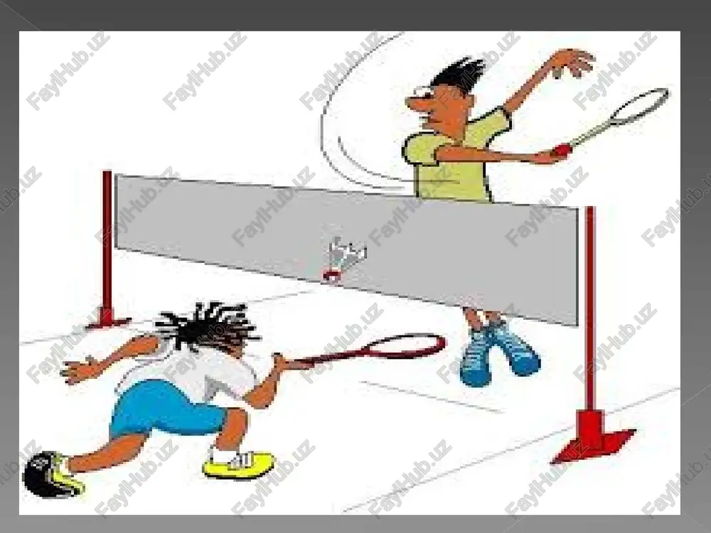 harakat qilishi lozim. badminton taktikasi sport taktikasi bu sport kurashi olib boorish sa’nati.tayyorgarliklarning kuchli tomonlarini ratsional ishlata olish qobilyati fizik psixik texnik va raqibining sust harakatlaridan foydalanish raqibning harakatlarini diqqat bilan kuzatish kerak.harakat darajasini aniqlash uchun faqat raqibingizga qarang ayniqsa oyoq harakatlariga keyin u qachon himoyasi sust bulishi qachon vdanni pastdan urishi va qayerda xato qilishiga e’tibor qiling.maydon suratini chizib oling va qaysi qismida ko’proq hujum qilishini o’rganadi.raqibning xatolarini jamlab uning turga yoki to’rdan tashqariga aut holatiga zarba berishini hisobga olishi kerak.yuqori kursatgich bir kishilik o’yinda muhim.yodda tuting,yuqori zarbani berish uchun muhim zal pataliga va kuch o’shanda raqib qiyin ahvolda qoladi,shunda raqib unda kuchli zarba beradi.asosan yuqori zarba maydonning chap burchagidan raqibga beriladi,agr e’tibor bergan bulsangiz sizning raqibingiz sizning zarbangizga moslashib o’zini orqaga olsa unda zarbani qisqa qilib bering.shu zarbani shunday to’g’irlab zarba berish kerakki u to’g’ri zarba chizig’ida borsin muhim zarba berish zonasi o’rta burchak hisoblanadi,u o’rta chiziqga yopishgan.shunday …