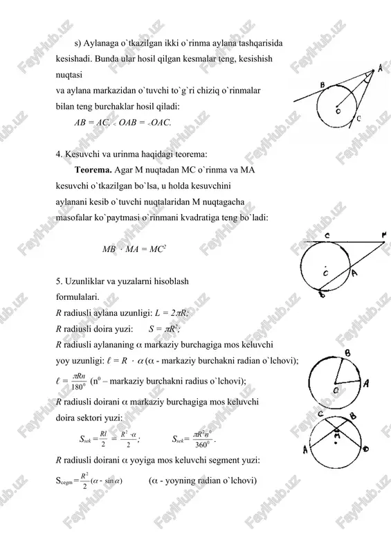 dan ce=4. ma`lumki be=ce-cb=3. abe=900 bo`lganligidan u diametri- ga tiralganligini aytish mumkin. demak, abe- diametr u holda abe2=d2=be2+ab2=10. bundan d: =1 javob: 1. 2-misol. markaziy burchagi 1200 ga teng doiraviy sektorga doira ichki chizilgan. doira radiusi r bo`lsa ichki chizilgan doira radiusini toping. yechish: shartga ko`ra oa=r, boa=600 ichki chizilgan doira radiusini r de- sak, o1a=r, o1b=r , o1o=r-r. oo1b to`g`ri burchakli uchburchakdan o1b=oo1·sin600 yoki bu yerdan . javob: . 3-misol. doiradan tashqaridagi nuqtadan ikki kesishuvchi o`tkazilgan. birinchi kesuvchini ikki kesmasi. 47 m tashqi kesmasi 9 m, ikkinchi kesuvchisini ichki kesmasi tashqi kesmasidan 72 m ortiq. ikkinchi kesuvchi uzunligini toping. yechish: shartga ko`ra bs=47 m, ab=9 m; demak ac=56 m. ma`lumki ab·ac=9·56=504. agar ad=x desak, u holda de=x+72, abe=2x+72. o`rinma va kesuvchi haqidagi teoremaga ko`ra, ac·ab=ae·ad, unda x(2x+72)=504 tenglamani hosil qilamiz. bu yerdan x=6, shuningdek =84 m. javob: 84m. 4-misol. radiuslari r ga teng bo`lgan uchta aylana juft-jufti bilan tashqi …