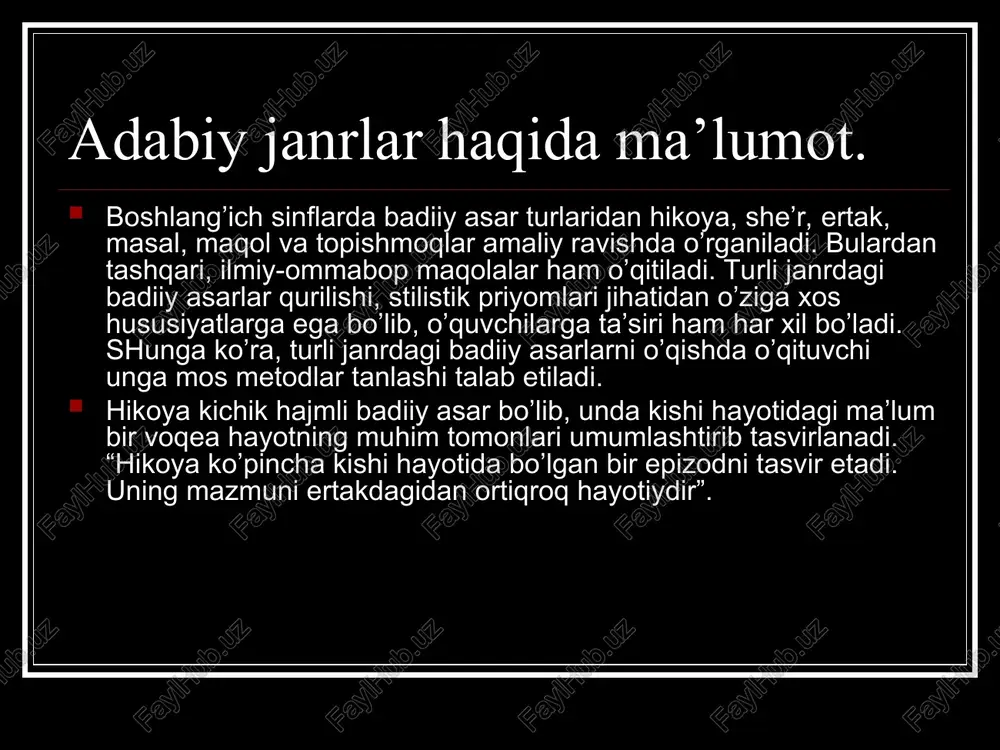 i e’tiborga olinadi: 1) hikoyani o’qishga tayyorlash (hikoyada tasvirlangani kabi kishilar hayoti, davrga qisqa xarakteristika...); 2) hikoyani (to’liq yoki mantiqiy tugallangan qismlarini) o’qituvchi yoki oldindan tayyorlangan o’quvchining ifodali o’qishi; 3) idrok etishni tekshirish (qatnashuvchi shaxslarning xatti-harakatlari, shaxslar va voqealar o’rtasidagi munosabatlar yuzasidan qisqacha suhbat); 4) hikoyani qayta o’qish (hikoyani qismlarga bo’lish, o’quvchilarga o’qitish, ayrim so’zlar ma’nosini tushuntirish); 5) hikoyaning har bir bo’limi yuzasidan suhbat o’tkazish va sarlavha topish; 6) hikoyaning ayrim bo’limlarini ifodali o’qish; 7) reja asosida qayta hikoyalash; 8) hikoyani ifodali o’qishga yoki sahnalashtirishga tayyorlanish (sinfda yoki uyda); 9) hikoyani ifodali o’qish va ifodali qayta hikoyalash. hikoyani o’qitish darsi bu hikoyani o’qish darsi rejasining varianti bo’lib, o’zgarishi ham mumkin. ammo shuni unutmaslik kerakki, badiiy hikoyani o’qish darsida uning mazmunini, asosiy fikrini bilish bilan birga, asarning tarbiyaviy (badiiy asar misolida o’quvchilarni tarbiyalash), xususan, estetik ta’siri ham ko’zda tutiladi va ifodali qayta hikoyalashga katta ahamiyat beriladi. ertak o’qitish metodikasi. ertak xalq …
