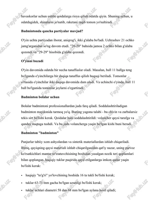 u mashqlar chidamlilik va reaksiya tezligini o'rgatadi. umid qilamanki, badmintonda o'ynash qoidalari sizni qiziqarli va vaqt sarflashingizga yordam beradi. natijada, badminton - tabiatdagi o'yinlar va yaxshi harakatlanuvchi o'yinni o'ynash uchun ajoyib imkoniyat. sport badminton qoidalari o'yin start har doim oldin, uchastkalar partiyalar va birinchi topshirish huquqini aniqlash uchun tuziladi. debyut shuttle moyillik ning kamariga yuqorida oshirish bermadi mohir raketka rim uchun ostidan qilinishi kerak bosing. bu sport (badminton) o'yin qoidalari chigal raqibini pastga olib, ayrim soxta harakatini qilish imkonini beradi, deb qayd etish lozim. bu vaqtda qabul liniyasi orqali qadam holda, o'z zonasida bo'lishi talab qilinadi. birinchi futbolchilar so'ng uning saytida erkin harakat mumkin, ammo panjara qat'iy teginish taqiqlanadi. partiyalar hisob ayollar tashqari, 15 punktni tashkil bo'lgan va bolalar sathi - 11 to'p gacha. tomonlarning bir ikki o'yinda g'alaba qozondi qachon uchrashuv vaqtda tugaydi. daromad ball aniqlash ball uchun qoidalar ham badminton o'yini qoidalarini o'z ichiga oladi. quyidagicha qisqacha, bu …