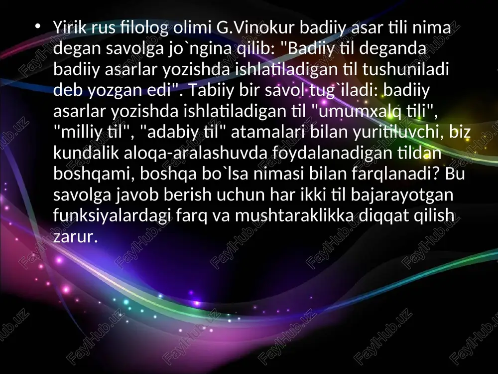 a milliy adabiyotimizda uzoq davrlardan beri shakllanib kelgan an`analarning davomchisi sanaladi va shu bois ham unda uning o`zigagina xos bo`lgan unsurlar (an`anaviy sifatlashlar, ramz va majozlar, o`xshatishlar va h.) majmui ham mavjuddir. adabiyotlar: lapasov j. badiiy matn va lisoniy tahlil.- t.:o`qituvchi,1995 vvedeniye v literaturovedeniye.-pod.red g.pospelova.-m.,1987. vinokur g.o. o yazike xudojestvennoy literaturi.-m.,1991 baxtin m.m. estetika slovesnogo tvorchestva.-m.:iskusstvo,1986 potebnya a. estetika i poetika.-m.,1976 literaturniy ensiklopedicheskiy slovar.-m.,1987 www.ziyonet.uz