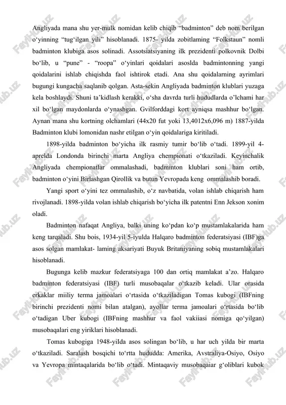 r miiliy terma jamoalari o‘rtasida o‘tkaziladigan tomas kubogi (ibfning birinchi prezidenti nomi bilan atalgan), ayollar terma jamoalari o‘rtasida bo‘lib o‘tadigan uber kubogi (ibfning mashhur va faol vakiiasi nomiga qo‘yilgan) musobaqalari eng yiriklari hisoblanadi. tomas kubogiga 1948-yiida asos solingan bo‘lib, u har uch yilda bir marta o‘tkaziladi. saralash bosqichi to‘rtta hududda: amerika, avstraliya-osiyo, osiyo va yevropa mintaqalarida bo‘lib o‘tadi. mintaqaviy musobaqaiar g‘oliblari kubok sohibligiga nomzodni aniqiash uchun o‘tkaziladigan asosiy bosqichda kuch sinashadilar. asosiy bosqich g’olibi finalda uch yil oldingi musobaqada kubokni qo‘lga kiritgan jamoa biian ro‘baro‘ keladi. uber kubogi bahslari esa 1956-yildan beri uch yilda bir marta o‘tkazib kelinmoqda. 1968-yildan boshlab ikki yilda bir marta yevropa shaxsiy birinchiligi, 1972- yildan esa qit’aning jamoaviy chempionati o‘tkazilmoqda. jamoaviy birinchilikda milliy terma jamoalar beshtadan o'yin kuzatishadi, ya’ni: erkaklar yakkaligi, ayollar yakkaligi, erkakligi juftligi, ayollar juftligi, aralash juftlik(mikst). bulardan tashqari, halqaro federatsiya bir qator rasmiy shaxsiy tumirlami ham o‘tkazib keladi. ular orasida yaqin-yaqinlargacha angliya ochiq …