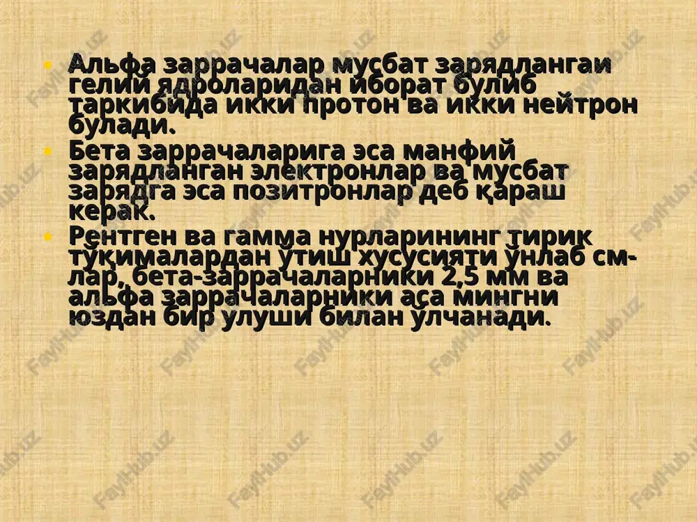soni granulotsitlar sarf bo'lishi bilan kamayib ketaveradi. to'sh tekshirib ko'rilganda qon hujayralarining etilishi susayib, keyinchalik suyak iligida hujayralar qolmasligi - pantsitopeniya kuzatiladi. og'ir holatda mielokariotsitlar soni 3-3.109/ l gacha kamayadi. suyak iligida gipoplastik anemiyaga xos retikulyar va plazmatik hujayralar, tiniq bo'lmagan donador neytrofillar va limfotsitlar paydo buladi. yurak-tomirlar majmuasi. nurlangan bemorlarning tomir urishi tezlashib , yurak hajmi kattalashadi, yurak zarblari bug'ik bo'lib, yurak ustida sistolik shovqin eshitiladi. qon bosimi pasayadi. ovkat xazm kilish a'zolari. utkir nurlanish kasalligi paytida ingichka ichak epiteliysi eararlanib ichak devori o'tkazuvchanligi oshadi. natijada hazm qilish va oziq moddalarni so'rilishi buzilib, organizm zaxarlanadi. bemorni ishtaxasi pasayib, ko'ngli ayniydi, qorni shishib, kusadi, ichi ketadi. bemor asablari tekshirib ko'rilganda unda lokaydlik, karaxtlik, pay reflekslarning susayishi kuzatiladi. og'ir hollarda miya pustlog'ining ta'sirlanishi, asablarning organik zararlanish belgilarini ko'rish mumkin. asablar holati. sog'ayish davrida bemorning tana xarorati pasayib, ishtaxasi ochiladi, umumiy ahvoli yaxshilanib, teri ostiga qon quyilishlar to'xtaydi, yuqumli kasalliklar shifo topadi. …