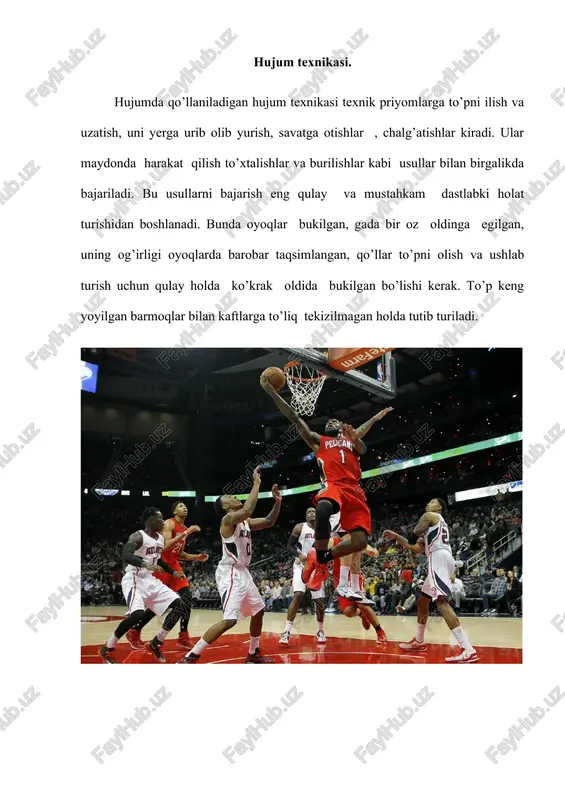 shirish uchun basketbolchi oyoqlarni to’hrilashi yoki qadam qo’yishi mumkin. savatga to’p otishlar. o’yinning yakuniy natijasi savatga otiladigan to’plarning aniqligi bilan bog’liq ular har xil: yaqin (3 metrdan ortiq) masofalarda bajariladi. otishlar xarakteriga sakraganda to’plarni savatga bir va ikki qo’llab otish mumkin. xoirgi kunda to’plar savatga himoyachilarning qattiq qarshiligi ostida otiladi. shuning uchun, to’pning savatga aniq borishga oyoqlarning, qo’llarning, ayniqsa, panjalarning to’g’ri ishlashi, aniq mo’ljal olish shu sharoitga mos samarali usulni tanlash shu bilan birga, basketbolchining muvozanat saqlashiga va har xil sharoitda qiyin kordinatsiyali harakatlari bajarish imkoniyatlarini yaratish uchun ma’lum mushak guruhlarini bo’shashtirish qobiliyatlariga ega bo’lish katta ahamiyatga ega. zamonaviy basketbolda to’pni savatga sakraganda bir qo’llab otish shitdan qaytgach to’pni qayta otish, “kryuk” usulida va yuqoridan pastga otish kabi usullar katta ahamiyatga ega. to’pni yerga urib yurish. to’pni bir qo’llab ketma-ket yerga urish to’pni yerga urib yurish deyiladi. bu usul bir joyda turganda, yurganda va asosan, yugurganda bajariladi. bu usul to’pni …