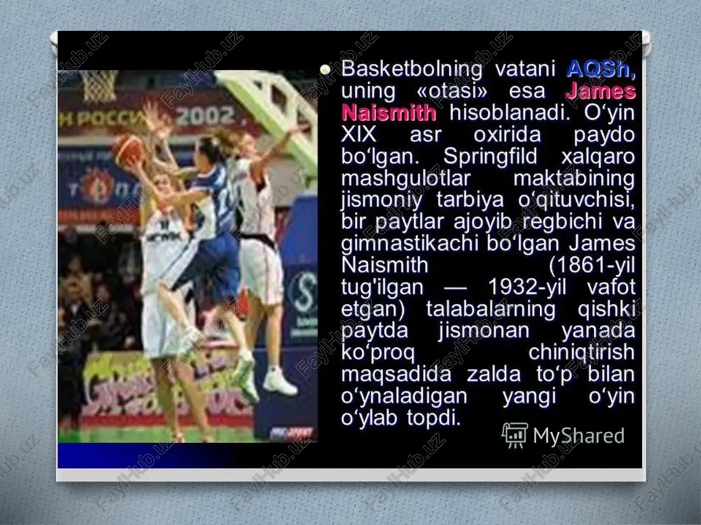 rson, lebron djeymslarni e’tirof etish mumkin. se. e yevropa basketboli yulduzlaridan rossiyalik andrey kirilenko, germaniyalik dirk novitski, ispaniyalik pou gazol, serbiyalik predrag stoyakovich va frantsiyalik toni parkerlarni e’tirof etish mumkin. | shuningdek xitoylik yao min va argentinalik emmanuel jinobili xam dune basketbol ixlosmandlari orasida katta nufuzga ega {fal myshared foydalanilgan adabiyotlar e ensklopediya. elnternet ma’lumotlari. google.uz {fal myshared e markaziy o’yinchi qoida tariqasida juda ham baland bo’yli bo’ladi. u koptokni birinchi_ irg’itilgandayoq jamoadoshlariga uzatishni bilishi kerak. uning bo’yi jamoaga shunday yordam berishi kerakki, ya’ni koptok noaniq irg’itiigandan keyin halqaga_ yoki shitga urilib qaytganida, uni o’z nazar doirasida tutishi kerak. e himoyachilar raqib hujumchilariga ochko yutishlariga har qanaqasiga xalaqit berishlari kerak. shu bois ular harakatchan, ayyor bo’lishlari va shuning barobarida 0’z jamodarining hujumlarida ishtirok etishga ham ulgurishlari lozim. e basketbol to’pining aylanasi 68-73sm, og’irligi 600-650 gr ga teng. e o’zbekiston sportchilarining orasida_ birinchi olimpiya o’yinlari chempioni bo’lganlar. e erkaklar o’rtasida alijon …