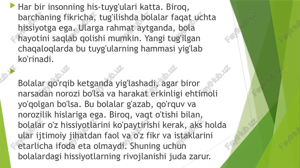 adigan poydevor qo'yilganligini anglatadi. shuningdek, bolangizga shni hech qachon ko'rsatmaslik kerak. unda sizni his qilishni unutmang. bolangiz sizdan salbiyroq bo'lsa, u yaxshi va yorqin his-tuyg'ularni boshdan kechirishni o'rganishi qanchalik qiyin bo'ladi. bolaning his-tuyg'ularini rivojlantirish, u bilan suhbatlashish, qo'shiqlar kuylash, birgalikda yaxshi musiqa tinglash, chiroyli rasmlarni ko'rib chiqish. shu tufayli bolaning nafaqat his-tuyg'ularini his qilishni, balki boshqalarning his-tuyg'ularini ham o'rganishni o'rganasiz. hissiy soha - bu taassurotlar va tajribalarning o'ziga xos kaleydoskopi bo'lib, uning yordamida bola tashqi dunyo bilan o'zaro aloqada bo'lib, bir vaqtning o'zida uni o'rganadi. shaxsning shakllanishi va rivojlanishi jarayonida uning hissiy sohasida sifat o'zgarishlari sodir bo'ladi. dunyoga bo'lgan qarashlar va boshqalar bilan munosabatlar o'zgaradi. masalan, keksa maktabgacha yoshdagi bolalar asta-sekin o'zlarining his-tuyg'ularini tan olish va nazorat qilish qobiliyatini rivojlantiradilar, bu esa eng muhim ehtiyojlarning jonli ko'rsatkichidir. binobarin, hissiy sohaning rivojlanishi bilan insonning ichki dunyosi sifat jihatidan o'zgaradi. va hissiy dunyo yorqin, qulay va ijobiy bo'lishi uchun jamiyatda uyg'unlikka, shaxsiy …
