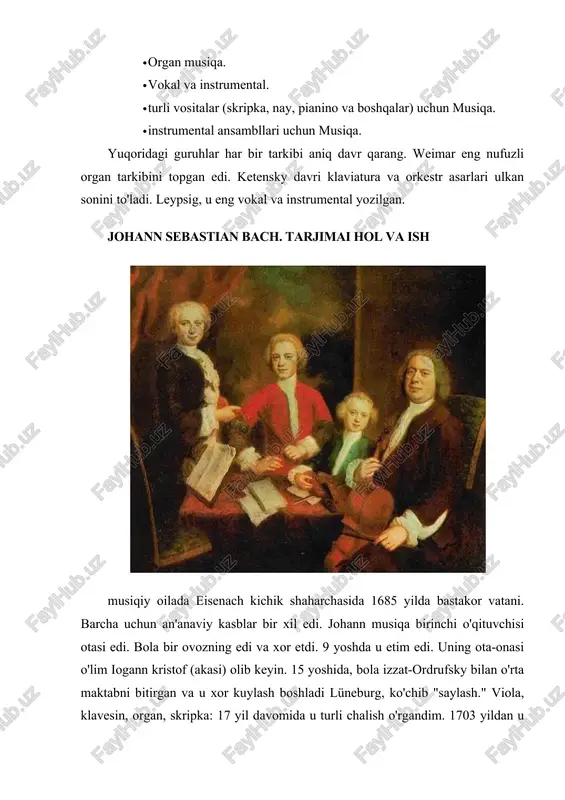 avier" 1-jild. · ingliz suite. · yakkaxon skripka uchun sonata. · frantsiya suite. · "brandenburg kontsertdan" (olti dona). · "rang fantasia va fugue". xususiyati uslubi style bach turli musiqa maktablari va janrlar negizida tashkil etilgan. iogann sebastyan organik o'z asarlarida eng yaxshi harmonies to'quv. italiya va musiqiy tilini tushunish uchun frantsuz bastakorlar, u o'z tarkibini qayta yozgan. uning asarlari lyrics, vaznli va fransuz va italyan musiqa, nemis shimoliy contrapuntal uslubi shakllari, shuningdek, lyuteran marosim chog'i to'liq edi. uslublari va janrlarda turli sintez barkamol chuqur qattiq inson tajribalar bilan birga. uning musiqiy fikr maxsus betakrorligi, ko'p yönlülük va ba'zi kosmik chiqib turdi. bach ijod mustahkam musiqa san'atining tashkil bir uslub anglatadi. bu yuqori baroque klasizmi. bach musiqa uslubi uchun musiqa asosiy g'oyasi hukmron bo'lgan favqulodda melodik tizimlar egalik bilan xarakterlanadi. tufayli mahorat kontrpuan san'at bir vaqtning o'zida bir necha kuy shovqin mumkin. germaniya bastakor polifoni haqiqiy ustasi edi. bu yaratmoq uchun …
