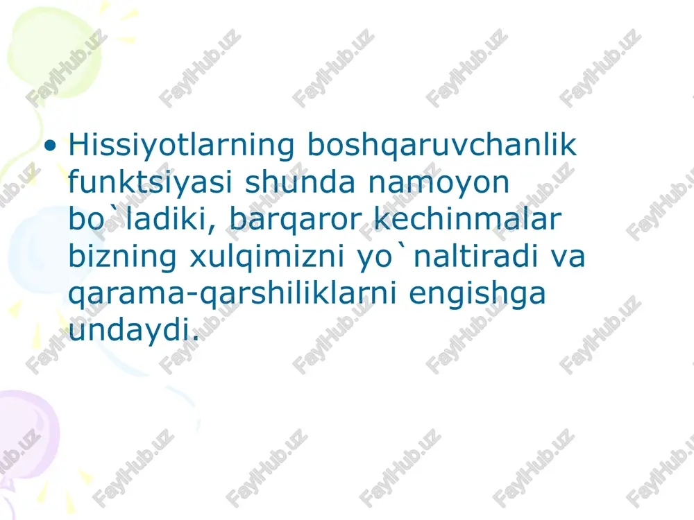 i ruhiy holatlari aks etgan 15-20 ta fotosurat kerak bo`ladi. uning orqasiga inson qanday hisni kechirayotganligi yozib quyiladi. shu bilan birga bir xil uzunlikdagi turli kinosyujetlardan ham foydalanish mumkin. tajribaning birinchi qismida tekshiriluvchilar fotosuratga qarab-ixtiyoriy his-tuyg`ularni baholaydilar. ikkinchisida esa kinosyujetdagi ixtiyorsiz kechinmalarni ta`riflaydilar. har ikki tajriba natijalarini taqqoslash orqali hissiyotlarning ifodalanishidagi umumiy va farq qiluvchi tomonlarni aniqlash mumkin. anglangan his-tuyg`ular haqidagi ma`lumotni olish uchun o`zining hissiy holatlari haqida hisobot berish metodidan foydalanish mumkin. bu metod hissiyotlarni paydo bo`lish sababi, sub`ekt tomonidan o`z ruhiy holatlarini idrok qilish xususiyati, hukmron hislar, psixik faoliyatda biror buzilishni his qilish yoki qilmasligi kabi holatlarni aniqlash imkonini beradi. bu metodning afzalligi tekshiriluvchi o`zi lozim deb topgan barcha ma`lumotlarni etkazadi, kamchiligi esa hissiyotlarni o`lchash imkoniyati mavjud emas. shunday paytda avvaldan belgilangan maxsus shkalalardan foydalanish maqsadiga muvofiq bo`ladi. emotsional holatlar shkalasi quyidagicha: kuchli salbiy holatlar - kuchli qoniqmaslik, nafrat, afsuslanish, dahshatga tushish. kuchsiz salbiy holatlar - kuchsiz norozilik, …
