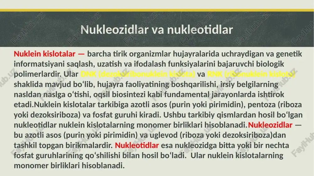 toza shakari (dnkda dezoksiriboza, rnkda riboza) 3. fosfat guruhi dnk (dezoksiribonuklein kislota). tuzilishi dnk biologik ahamiyati yuqori bo‘lgan makromolekuladir. uning strukturasi uch bosqichli tuzilmada ko‘rib chiqiladi. birlamchi tuzilma (primer tuzilma) ta’rifi: dnkning birlamchi tuzilmasi — bu nukleotidlar ketma-ketligi, ya’ni dnkning lineyar tartibda tuzilgan polinukleotid zanjiri. tuzilishi: azotli asos (a, t, g, c); dezoksiriboza; fosfat guruhi zanjir 5'- → 3'- yo‘nalishda yoziladi. ahamiyati: genetik informatsiya aynan birlamchi tuzilmada kodlangan bo‘ladi. genlar o‘sha tartib bilan oqsil sintezida aminokislota ketma-ketligini belgilaydi. fazoviy tuzilma (ikkilamchi tuzilma) ta’rifi: dnkning fazoviy tuzilmasi — bu ikki polinukleotid zanjirining spiral shaklida bir-biriga o‘ralib joylashishi. xususiyatlari:1953-yil watson va crick tomonidan aniqlangan. ikki zanjirli spiral (double helix).zanjirlar antiparallel: biri 5'→3', ikkinchisi 3'→5'. komplementarlik qoidasiga asoslanadi: a = t (2 ta vodorod bog‘i ; g ≡ c (3 ta vodorod bog‘i)piral parametrlari (b-dnk uchun); spiral aylanish: 360° 1 aylanishda: 10.5 nukleotid; spiral balandligi: ~3.4 nm; nukleotidlar orasidagi masofa: 0.34 nm uchlamchi …