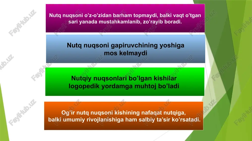 anadi. patogen omil ta’sirida yuzaga kelgan nutqiy buzilishlar o’z-o’zilan yo’qolmaydi va u maxsus tashkil etilgan korreksion-logopedik choralarsiz bolaning keyingi rivojiga salbiy ta’sir ko’rsatadi. nutqiy buzilishini keltirib chiqaruvchi sabablar orasida ekzogen (tashqi) va endogen (ichki) omillar asosiy rol o’ynaydi. bundan tashqari (anatomik-fiziologik, morfologik), funksional (psixogen), ijtimoiy-psixologik (atrof-muhitning salbiy ta’siri), psixonevrologik (psixik funksiyalarining buzilishi (aqli zaiflik, xotira yoki diqqatning buzilishi va boshqalar) sabablarning ham ta’siri sezilarli bo’ladi. anomal bolalar orasida eshitish qobiliyati turli darajada nuqsonli bo’lgan bolalar ko’pchilikni tashkil etadilar. eshitish – borliqni tovushli hodisalar shaklida aks ettirilishi, inson (tirik jonzod)ning tovushlarni anglash va farqlash qobiliyati. eshitish eshitish organi yoki tovush analizatori (tovush ta’sirini qabul qiluvchi va ajratuvchi murakkab nerv tizimi) yordamida amalga oshiriladi. nutqiy buzilishini keltirib chiqaruvchi asosiy sabablar anatomik-fiziologik, morfologik funksional (psixogen) ijtimoiy-psixologik (atrof-muhitning salbiy ta’siri) psixonevrologik (psixik funksiyalarining buzilishi (aqli zaiflik, xotira yoki diqqatning buzilishi va boshqalar) nutqiy buzilishini keltirib chiqaruvchi asosiy sabablar anatomik-fiziologik, morfologik funksional (psixogen) ijtimoiy-psixologik (atrof-muhitning …