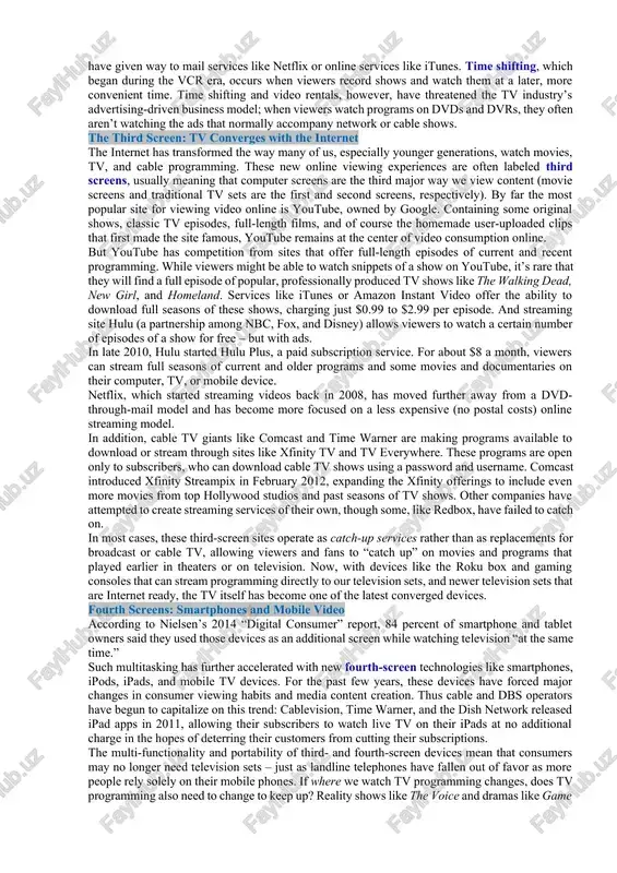 ming, cable offers a wide range of special channels, known as premium channels, which lure customers with the promise of no advertising; recent and classic hollywood movies; and original movies or series, like hbo’s game of thrones, true detective, or girls, and showtime’s homeland. these channels are a major source of revenue for cable companies: the cost to them is $4 to $6 per month per subscriber to carry a premium channel, but the cable company can charge customers $10 or more per month and reap a nice profit. premium services also include pay-per-view (ppv) programs; video-on-demand (vod); and interactive services that enable consumers to use their televisions to bank, shop, play games, and access the internet. beginning in 1985, cable companies began introducing new viewing options for their customers. pay-per-view (ppv) channels came first, offering recently released movies or special one-time sporting events to subscribers who paid a designated …