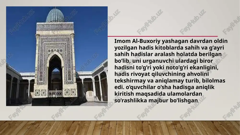 sifatida e’tirof etilgan. ushbu manbalarning mualliflari ix asrda yashab ijod qilgan quyidagi muhaddislar bo’lganlar: abu abdulloh muhammad ibn ismoil al-buxoriy 194 (810), - 256 (870), imom muslim ibn al-hajjoj 206 (819), - 261 (874), imom iso muhammad ibn iso at-termiziy 209 (824), - 279(892), imom abu dovud sulaymon sijistoniy 202 (817), - 275(880), imom ahmad an-nasoiy (215 (830), - 303 (915) va imom abu abdulloh muhammad ibn yazid ibn mojja 209 (824), - 273(886). muhaddislar tomonidan yaratilgan va ishonarli manbalar deya e’tirof etilgan “al-kutub as-sitta” (“olti kitob”) quyidagilardan iborat: 1. abu abdulloh muhammad ibn ismoil al-buxoriy tomonidan yozilgan “al-jome’ as-sahih” asari. 2. imom muslim an-nishopuriy (imom muslim ibn al-hajjoj) tomonidan yozilgan “as-sahih” asari. 3. imom ibn mojja tomonidan yozilgan “sunnan”. 4. imom abu dovud sulaymon–sijistoniy tomonidan yozilgan “sunnan” asari. 5. imom muhammad ibn iso at-termiziy tomonidan yozilgan “aj-jami al-kabir” asari. 6. ahmad an-nasoiy tomonidan yozilgan “sunnan”. movarounnahrda birinchi bo’lib hadis …