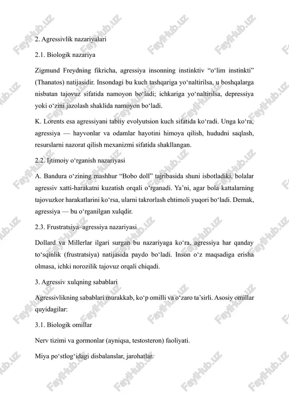 ressivlikni tahlil qilish: psixologik mexanizmlar agressiv xulqning paydo bo‘lishida uchta asosiy psixik jarayon muhim rol o‘ynaydi: kognitiv (tafakkuriy): odam vaziyatni noto‘g‘ri talqin qiladi (masalan, uni kamsitishdi deb o‘ylaydi). emotsional: g‘azab, hasad, ranjish hissi kuchayadi. irodaviy: o‘zini nazorat qilish mexanizmi zaiflashadi. masalan, sinfda bir o‘quvchi o‘qituvchi tanbehini shaxsiy haqorat deb qabul qilsa, u agressiv reaksiya bilan javob qaytarishi mumkin. 6. agressiv xulqning amaliy tahlili 6.1. oiladagi agressiya oilada ota-onalar o‘rtasidagi nizolar, bolaga nisbatan jismoniy yoki og‘zaki zo‘ravonlik bolaning shaxs sifatida shakllanishiga salbiy ta’sir ko‘rsatadi. bunday bola keyinchalik agressiv, itoatsiz yoki aksincha, qo‘rqoq bo‘lib ulg‘ayadi. 6.2. maktabdagi agressiya maktabda “bullying” (zo‘ravonlik) hodisalari keng tarqalgan. bu — bir guruh o‘quvchilarning boshqasiga nisbatan haqoratli, dushmanona munosabati bilan ifodalanadi. psixologik jihatdan, bu o‘zini ko‘rsatish va ichki noaniqlikni yashirish usuli hisoblanadi. 6.3. ish joyidagi agressiya kollektivdagi raqobat, adolatsizlik, zo‘ravon rahbarlik uslublari xodimlarda yashirin yoki ochiq agressiyani keltirib chiqaradi. 7. agressivlikni kamaytirish yo‘llari 1. psixologik maslahat va …