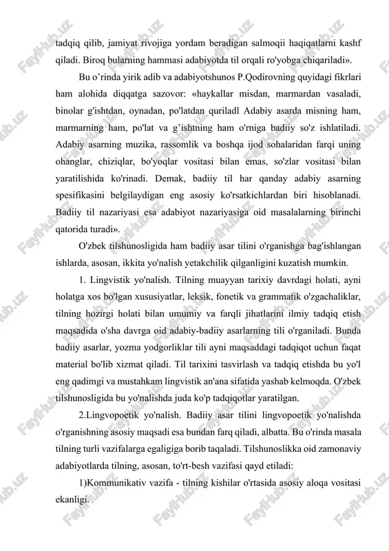 taqaladi. tilshunoslikka oid zamonaviy adabiyotlarda tilning, asosan, to'rt-besh vazifasi qayd etiladi: 1)kommunikativ vazifa - tilning kishilar o'rtasida asosiy aloqa vositasi ekanligi. 2)ekspressiv vazifa - turli fikr va tuyg'ulami ifodalash vazifasi. 3)konstruktiv vazifa - fikrlarni shakllantirish, tartibga solish va ifoda tarzini belgilash vazifasi. 4)akkumulyativ vazifa - ijtimoiy tajriba va bilimlarni to'plash, saqlash vazifasi. badiiy asar tili tadqiqiga bag'ishlangan ishlarda tilning ayni “ekspressiv vazifasi” atamasi bilan bir qatorda “tilning poetik vazifasi”, “tilning badiiy vazifasi”, “tilning estetik vazifasi” kabi atamalar ham qo'llanadi. ammo shuni ham aytish kerakki, “tilning estetik vazifasi” atamasi filologik adabiyotlarda nisbatan ko'p ishlatiladi. bunday bo'lishi ham tabiiy, chunki estetik vazifa tushunchasi ekspressivlik, badiiylik, poetiklik kabi bir qator tushunchalani ham o'z ichiga olgan holda ularni umumlashtira oladi. boshqacha qilib aytganda, mazkur tushunchalarga qaraganda estetik vazifa tushunchasining qamrovi ancha keng. albatta, har qanday badiiy asarda tilning boshqa vazifalari ham reallashadi, ammo estetik vazifa birinchi planda turadi, yetakchilik qiladi. shuning uchun ham lingvistik …