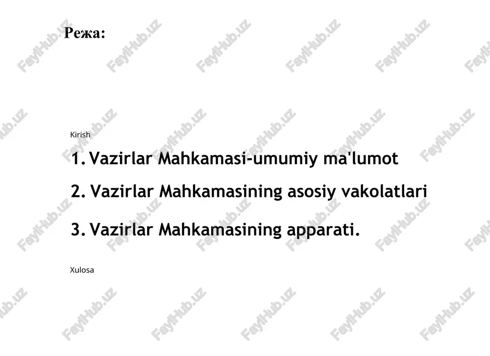 qaradi. me,yoriy xarakterdagi vazirlar mahkamasining qarorlari o'zbekiston respublikasi hukumati qarorlari to'plamida nashr etiladi. zudlik bilan keng ommaga yetkazilishi zaruratida esa ommaviy axborot vositalaridan foydalaniladi. vazirlar mahkamasi «pravda vostoka» gazetasining muassisi, shuningdek, «xalq so'zi» va «narodnoe slovo» gazetalarining ham muassisi hisoblanadi. o'zbekiston respublikasi bosh vaziri vazirlar mahkamasi faoliyatini tashkil etadi va unga rahbarlik qiladi, uning samarali ishlashi uchun shaxsan javobgar bo'ladi, vazirlar mahkamasining majlislariga raislik qiladi, uning qarorlarini o'zbekiston respublikasi prezidentining binoan xalqaro munosabatlarda o'zbekiston vazirlar mahkamasi nomidan ish ko'radi respublikasi qonunlarida, o'zbekistonimzolaydi, topshirig'iga respublikasi o'zbekiston respublikasi prezidentining farmonlari, qarorlari va vazirlar mahkamasi qarorlari o'zbekiston respublikasi bosh vaziri o'zbekiston respublikasi bosh vaziri farmoyishlarida nazarda tutilgan boshqa vazifalarni bajaradi. vazirlar mahkamasining majlislari. vazirlar mahkamasining rejadan tashqari majlislari. vazirlar mahkamasining asosiy vakolatlari vazirlar mahkamasining majlislari yilning har choragida kamida bir marta o'tkaziladi. majlislarni vazirlar mahkamasining raisi yoki uning topshirig'iga ko'ra o'zbekiston respublikasining bosh vaziri olib boradi. vazirlar mahkamasining doimiy organi sifatida bosh vazir …