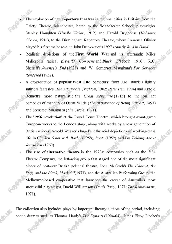cludes plays by important literary authors of the period, including poetic dramas such as thomas hardy's the dynasts (1904-08), james elroy flecker's popular success hassan(1923), and joseph conrad's adaptation of his novel the secret agent (1922). criteria for selection of texts and editions authors and plays have been selected by an academic advisory board, largely according to their current profile in both teaching and research at universities, colleges and schools. for major authors, we have aimed to include each writer's complete dramatic works; for less prominent authors, a representative sample has been selected; in some cases, a single play by a given author has been included owing to its particular significance. while the emphasis has been on selecting authors who feature prominently in both the academic canon and the current theatrical repertoire, we have also aimed to include plays that have suffered neglect owing to lack of availability in print, …