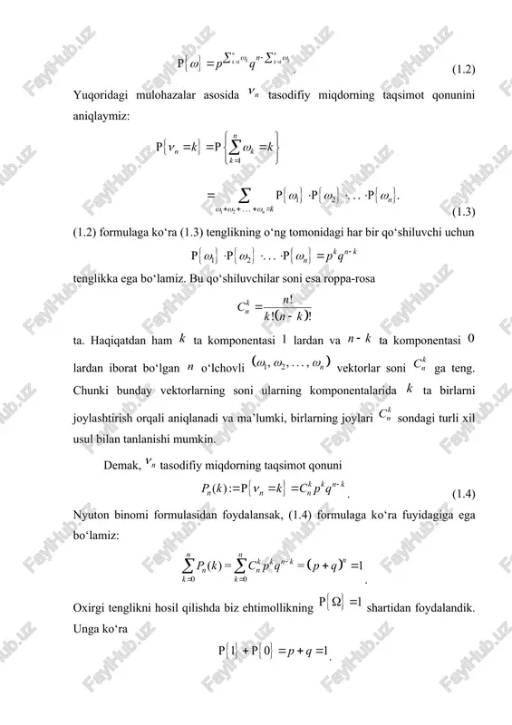 kni uchun to‘g‘ri ekanligini isbotlaymiz. farazimizdan foydalanib, quyidagilarga ega bo‘lamiz: oxirgi tengsizlikni hosil qilishda biz shartdan foydalandik. lemma isbot bo‘ldi. quyidagi teoremani isbotlashda yuqoridagi lemmadan foydalanamiz. teorema 1.2. bog‘liqsiz tajribalar seriyasida muvaffaqiyat ehtimolligi bo‘lsin. agar da va , , bo‘lsa, u holda barcha sonlar uchun . (1.10) isbot. dastlab koeffitsiyentni tahlil qilaylik. ta’rifga ko‘ra va faqat bo‘lgan holni qarash bilan kifoyalanish mumkin. ikkinchi tomondan bu yerdan esa . (1.11) agar ni tayinlasak, (1.11) tenglikdan ekanligini hosil qilamiz. ya’ni, . oxirgi munosabat shuni bildiradiki, yetarlicha katta bo‘lganda son o‘rniga sonni qarash mumkin. quyida bunday approksimatsiyaning xatoligini baholaymiz. (1.11) tenglikning o‘ng tomonidagi ko‘paytmaga (1.9) tengsizlikni qo‘llab, quyidagini topamiz: ikkinchi tomondan ravshanki, (1.11) tenglikning o‘ng tomonidagi ko‘paytuvchilarning har biri birdan kichik miqdorlar. demak, . oxirgi tengsizlikni miqdorga ko‘paytirib, ushbu (1.12) tengsizliklarga ega bo‘lamiz. deyarli ravshanki, har bir tayinlangan uchun: ; (1.13) teorema shartlariga ko‘ra ; (1.14) . (1.15) nihoyat, (1.16) hosil qilingan (1.13) …