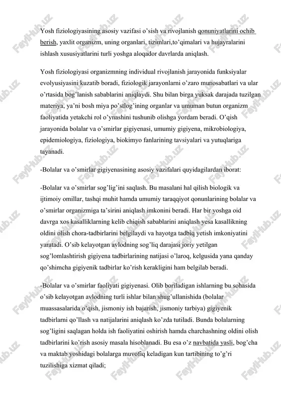da o’sib kelayotgan avlodning turli ishlar bilan shug’ullanishida (bolalar muassasalarida o’qish, jismoniy ish bajarish, jismoniy tarbiya) gigiyenik tadbirlarni qo’llash va natijalarini aniqlash ko’zda tutiladi. bunda bolalarning sog’ligini saqlagan holda ish faoliyatini oshirish hamda charchashning oldini olish tadbirlarini ko’rish asosiy masala hisoblanadi. bu esa o’z navbatida yasli, bog’cha va maktab yoshidagi bolalarga muvofiq keladigan kun tartibining to’g’ri tuzilishiga xizmat qiladi; tashqi muhit gigiyenasi. rejalashtirilgan ishning bu qismida bolalar va o’smirlar muassasalarini loyihalash va qurishda bir qator gigiyenik tadbirlarni joriy yetish, jumladan ularni aholi yashaydigan joylarga qurish, xonalarni yetarli darajada yoritish, toza havo va issiqlik, ichimlik suv bilan, bolalar uchun mo’ljallangan jihozlar bilan ta’minlash ko’zda tutiladi; bolalar va o’smirlar ovqatlanish gigiyenasi. bunda ovqat mahsulotlarining ahamiyati, ovqatlanish tartibi o’rganiladi va o’sish davrida energiya sarfi me’yori ishlab chiqiladi; bolalar va o’smirlarga tibbiy xizmat ko’rsatish. ishning bu qismida tibbiy xizmat ko’rsatishni ilmiy asosda ishlab chiqish hamda epidemiyaga qarshi tadbirlar ko’rish; psixogigiyena. bunda bolalar va o’smirlar …