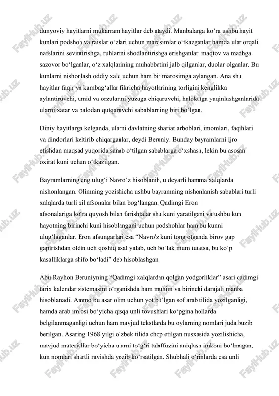 da bu oylarning nomlari juda buzib berilgan. asaring 1968 yilgi o‘zbek tilida chop etilgan nusxasida yozilishicha, mavjud materiallar bo‘yicha ularni to‘g‘ri talaffuzini aniqlash imkoni bo‘lmagan, kun nomlari shartli ravishda yozib ko‘rsatilgan. shubhali o‘rinlarda esa unli tovushlar o‘rniga chiziqcha yoki umuman undosh harflarni yozish bilangina kifoyalanilgan. asarda qadim xalqlarning taqvim sistemalari, ulardagi ba’zi muammolar va ularning hal qilinish yo‘llari to‘g‘risida ham bir qancha ma’lumotlar berib o‘tilgan. olim asarni yozar ekan, barcha xalqlar sistemasida bir yil 12 oydan iborat ekanligini ta’kidlab o‘tadi. jumladan, u yozadi: “xudo osmon va yerni yaratgan kundan beri oylar soni 12 ta xudoning kitobida shu”. eron taqvimi ham xuddi shu tartibda: bir yil 12 oydan, kunlar majmui 365 kundan iborat bo‘lgan. asarda keltirilishicha har 120 yilda yil oylari 13 ta bo‘lib, bu yil “kabisa yili” deb, ortiqcha oy kunlarini esa qolgan navbatdagi oylar (kunlari) nomi bilan ataganlar. beruniy o‘z asarida xalqlar etnografiyasi, yil taqvimlari haqida yozar ekan, har …
