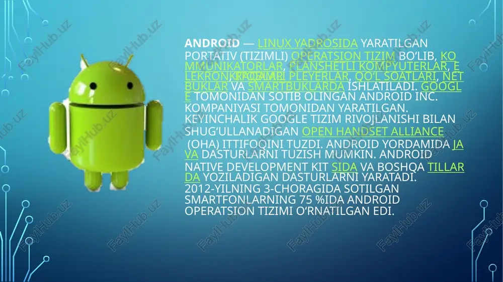sal tizim (ham planshetlarga, ham smartfonlarga moslashtirilgan) chiqdi. 2012-yilda tizimning yangi versiyasi — „jelly bean“ chiqdi. u iyunda 4.1 raqami ostida namoyish etilib, oktabr ohirida yangi update chiqqach 4.2ga oʻzgardi. android ostida ishlaydigan birinchi moslama 2008-yilning 23- sentabrida htc kompaniyasining htc dream smartfoni (t-mobile aloqa operatori tomonidan t-mobile g1 nomi ostida namoyish etilgan) boʻldi. tezda boshqa smartfon ishlab chiqaruvchilari tomonidan android ot ostida moslamalar chiqarish soʻrovlari paydo boʻldi. androidning planshetlarga moslashtirilgan 3-versiyasi (honeycomb) chiqqach planshet ishlab chiqaruvchilariga ham android yoqib qoldi. google kompaniyasi ham boshqa ishlab chiqaruvchilar bilan hamkorlikda oʻzining „google nexus“ moslamalarini android ot ostida chiqara boshladi. aynan shu moslamalar birinchi boʻlib yangi versiyalarda chiqadi. smartfonlar va planshetlardan tashqari android at boshqa moslamalarga ham oʻrnatiladi. masalan, 2009-yilda sotuvga androidda ishlovchi fotoramka sotuvga chiqdi. 2011-yilda blue sky kompaniyasi android ot ostidagi „aqlli“ i`mwatch soatlarini chiqardi. 2012-yil avgustda nikon dunyodagi birinchi androidda ishlovchi fotokamerani namoyish etdi. „google nexus“ seriyasida smartfon va …