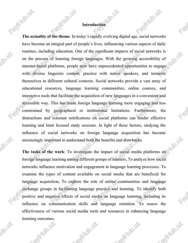 esearch specifically looks at the content shared on these platforms, the effectiveness of online language exchange communities, and the role of digital tools in facilitating language practice. additionally, it seeks to understand both the positive and negative effects of social media on language learning and provide practical insights for integrating these platforms into educational practices. the task of the coursework: 1. identify both the positive and negative effects of social media on learners’ motivation, engagement, and overall language proficiency. 2. explore the role of online communities and language exchange groups in providing real-world practice opportunities for language learners. 3. propose practical recommendations for integrating social media into foreign language teaching to optimize learning outcomes. by addressing these tasks, the coursework seeks to provide a comprehensive understanding of how social media can be leveraged to enhance language education and improve learners' linguistic abilities. positive aspects of social media in language learning …