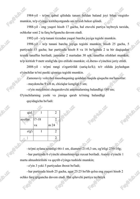 i mavjud. ularni atroflicha talqini ma'ruzada og'zaki va o'quv filmlari yordamida bayon qilinadi, tushuntiriladi. musobaqa o'yinidan 20-30 min oldin maydonchani, anjom (to'p, to'r, maydon chiziqlari), hakamlarni kiyim-bosh, tayyorgarligi, xullas, o'yinni o'tkazishga nima, kim, qancha kerak bo'lsa, hammasining muhayyoligi birinchi hakam tomonidan tekshirilishi kerak va zaruriyat bo'lsa ta'minotni oshirish talab qilinishi shart. o'yinning mohiyati va mazmuni voleybol maxsus maydonchaning o'rtasidan to'r bilan ajratilgan qismlarida 2 jamoaning to'p vositasida musobaqalashuvidan iborat sport o'yinidir. o'yinning maqsadi - to'pni to'r ustidan raqib maydonchasiga tushirish va raqibning aynan shunday harakatiga yo'l qo'ymaslikdan iborat. bunda jamoa to'p bilan 3 marta o'ynash huquqiga ega (to'siq qo'yishdan tashqari). o'yin to'pni o'yinga kiritish usuli bilan boshlanadi: to'p kirituvchi o'yinchi zarb bilan to'pni to'r ustidan raqib jamoa maydonchasi tomonga yo'naltiradi. to'p maydon chiziqlari chegarasidan chiqib, yerga tushguncha yoki jamoa o'yinchisi xatoga yo'l qo'yguncha o'yin davom etadi. voleybolda har bir o'yin vaziyatining natijasi, to'p qaysi tomondan kiritilganligidan qat'iy nazar, ochko bilan …