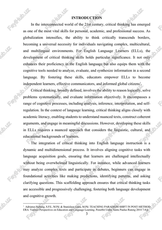 ng with confidence. by developing skills such as problem-solving and decision-making, learners become better equipped to overcome obstacles, seek out resources, and take ownership of their learning journey. this independence is particularly crucial for ells, who often face unique barriers such as limited access to native speakers, unfamiliarity with cultural norms, and varying levels of academic preparedness. critical thinking helps bridge these gaps by encouraging learners to ask questions, seek clarification, and approach problems with a solution-oriented mindset. the cultural dimension of critical thinking also warrants attention in the context of ell education. critical thinking is not a culturally neutral skill; it is influenced by the values, beliefs, and educational traditions of different societies. for example, western education systems often emphasize debate and individual expression, whereas other cultures may prioritize harmony and collective reasoning. educators must be mindful of these differences and create an inclusive learning environment that respects diverse …