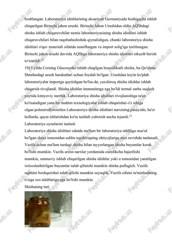 ar organik namunalarning oynaga yopishishini oldini olish uchun maxsus ishlov beriladi.[3] ilmiy oynani puflash ba'zi katta laboratoriyalarda qo'llaniladigan ilmiy shisha puflash - bu shisha puflashning ixtisoslashgan sohasi. ilmiy shishadan shamollatish shishaning shakli va o'lchamlarini aniq nazorat qilishni, qimmat yoki almashtirish qiyin bo'lgan shisha idishlarni ta'mirlashni va turli xil shisha qismlarni birlashtirishni o'z ichiga oladi. ko'p qismlar uzunligi bilan birlashtirilgan shisha quvurlar yuqori darajadagi ixtisoslashtirilgan laboratoriya idishlarini yaratish. suyuqlik oqimini boshqarish butun oynali valf erlenmeyer va filtrlovchi kolba. filtrlash kolbasidagi tikanli yonboshga e'tibor bering chap tomonida shlang panjarasi va o'ng tomonida tuproqli shisha ulagichi bo'lgan shisha adapter bilan konusning qo'shma to'xtatuvchisi ptfe muhr uzuk. o'ng tarafdagi shisha qo'shma bilan bosilgan tor muhrlangan halqaning optik shaffofligiga e'tibor bering. a tomonidagi yon qo'l sifatida ishlatiladigan ipli t-teshikli vilka valfi shlenk kolbasi. umumiy to'g'ri teshik stakan stopcock a yonbosh qo'lidagi plastik vilka ushlagichi bilan biriktirilgan shlenk kolbasi. shisha idishlarni ishlatganda ko'pincha suyuqlik oqimini boshqarish …