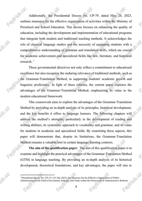 g students' academic growth and linguistic proficiency. in light of these reforms, the current paper explores the advantages of the grammar-translation method, emphasizing its value in the modern educational framework. this coursework aims to explore the advantages of the grammar-translation method by providing an in-depth analysis of its principles, historical development, and the key benefits it offers to language learners. the following chapters will address the method’s strengths, particularly in the development of reading and writing abilities, its systematic approach to vocabulary and grammar, and its value for students in academic and specialized fields. by examining these aspects, this paper will demonstrate that, despite its limitations, the grammar-translation method remains a valuable tool in certain language learning contexts. the aim of the qualification paper: the aim of this qualification paper is to examine and highlight the practical advantages of the grammar-translation method (gtm) in language teaching. by providing an in-depth …
