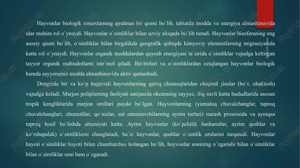 arning tuzilishi, xatti-harakati va hayot kechirish xususiyatlari tashqi muhitning muayyan sharoitiga moslashgan. masalan, suvda hayot kechiruvchi sutemizuvchi hayvonlar tanasining suyri shaklda bo`lishi, oyoqlarining eshkakka aylanganligi, terisidagi yunglarning kalta va silliq bo`lishi bilan quruqlikda yashovchi hayvonlardan farq qiladi. hayvonlar sharoitning muayyan chegarada o`zgarishiga moslashgan holda yashaydi. masalan, oq ayiq shimoliy kengliklardagi qadimiy muzliklarda yashab, dengiz hayvonlarini ovlaydi; qo`ng`ir ayiq esa o`rta kengliklardagi o`rmonlarda yashab, asosan o`simliklar bilan oziqlanadi. baqa suvda yoki suv bo`yida; qurbaqa esa suvdan uzoqroqda, salqin joylarda hayot kechiradi. sharoit qulay bo`lgan joylarda hayvonlar ham ko`proq uchraydi, aksincha sharoit noqulay bo`lganida ular kam uchraydi yoki uchramaydi. shunday qilib, quruqlikda, suv havzalarida va boshqa joylarda muhit sharoitining bir xilda bo`lmasligi tufayli hayvonlar ham bir tekis tarqalmaydi. www.arxiv.uz hayvonlar orasida inson salomatligiga, chorva mollari va ekinlarga zarar yetkazadigan turlari ham ko`p uchraydi. ular ekinlarni yeb, hosildorlikni kamaytiradi; oziq-ovqat mahsulotlari, jun, teri, yog`och hamda ulardan tayyorlangan mahsulotlar, kiyim-kechak va buyumlarai buzib katta …