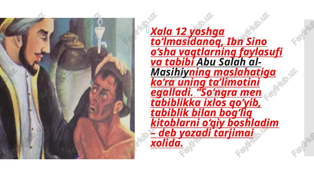 varish madrasaz farzand») bo’limida birinchi navbatda bolalarni maktabga jalb qilishga to’xtaladi. uning ta’kidlashicha, maktabga barcha kishilarning bolalari tortilishi kerak. barcha bolalar birga o’qitilishi va tarbiyalanishi lozim. u bolani uy sharoitida yakka o’qitishga qarshi edi. uning fikricha, bolani maktabda kollektiv o’qitish quyidagicha foyda beradi: 1. agar o’quvchi birga o’qisa, u zerikmaydi, fanni egallashga qiziqish yuzaga keladi, bir-biridan qolmaslik uchun harakat, musobaqa-lashish istagi rivojlanadi. bularning hammasi o’qishning yaxshilanishiga yordam beradi. 2. o’zaro suhbatda o’quvchilar bir-biriga kitobdan o’qib olganlarini, kattalardan eshitganlarini himoya qiladilar. 3. bolalar birga to’planganlarida bir-birlarini hurmat qila boshlaydilar, do’stlashadilar, o’quv materiallarini o’zlashtirishda bir-birlariga yordamlashadilar, bir-birlaridagi yaxshi odatlarni qabul qiladilar. zamondoshlari zamondoshlari allomani “shayx ue-rais” (donishmandlar sardori),”sharaf al-mulk”( mamlakat obro’si, sharafi),”hujjat al-haq”( rostlikka dalil)deb atashgan. bu bejiz emas. g’arbda “tib qonunlari” bilan bir qatorda falsafit asari”kitob ash-shifo”ning qisqartirilgan shakli “kitob an-najot”(najot kitobi) shu darajada ulkan ta’sir ko’rsatganki, yevropa uyg’onish davri adabiyoti, san’ati va falsafasi deyarli ibn sino g’oyasi tarannumiga, talqiniga, undagi …