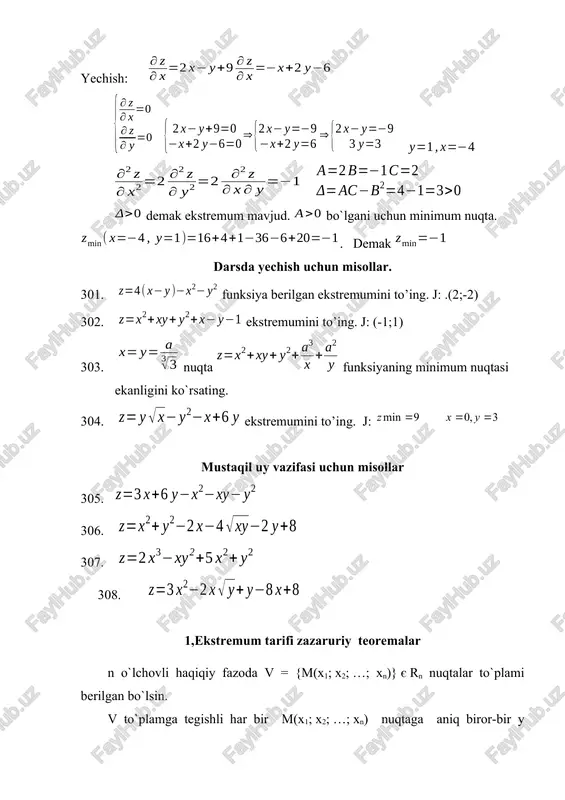 i e(y) = [0; ∞). 3) berilgan uch o`zgaruvchili funksiya aniqlanish sohasi d(y) = {m(x1; x2; x3) є r3 | -1≤ x1≤ 1, -1≤ x2 ≤ 1, -1 ≤ x3 ≤ 1}. funksiya aniqlanish sohasi r3 fazoda qirrasi 2 ga teng, simmetriya markazi koordinatalar boshida, yoqlari esa koordinatalar tekisliklariga parallel bo`lgan kubdan iborat: 0 x1 x2 x3 funksiya qiymatlari to`plami e(y) = [0; 3π]. 2,ekstremumning yetarli shartlari v r1 nuqtalar to`plamida aniqlangan bir o`zgaruvchili y = f (x) funksiyaning grafigi deb, mumkin bo`lgan barcha (x; f (x)), x є v juf-tliklarning x0y to`g`ri burchakli koordinatalar tekisligidagi aksiga aytiladi. r1 fazoda, x = 0 nuqtaga nisbatan simmetrik, nuqtalarning v qism to`plami va unda aniqlangan y = f (x) funksiya berilgan bo`lsin. agar har qanday ± x є v lar uchun f (-x) = f (x) tenglik o`rinli bo`lsa, bir o`zgaruvchili y = f (x) funksiya v to`plamda juft funksiya deyiladi. juft …